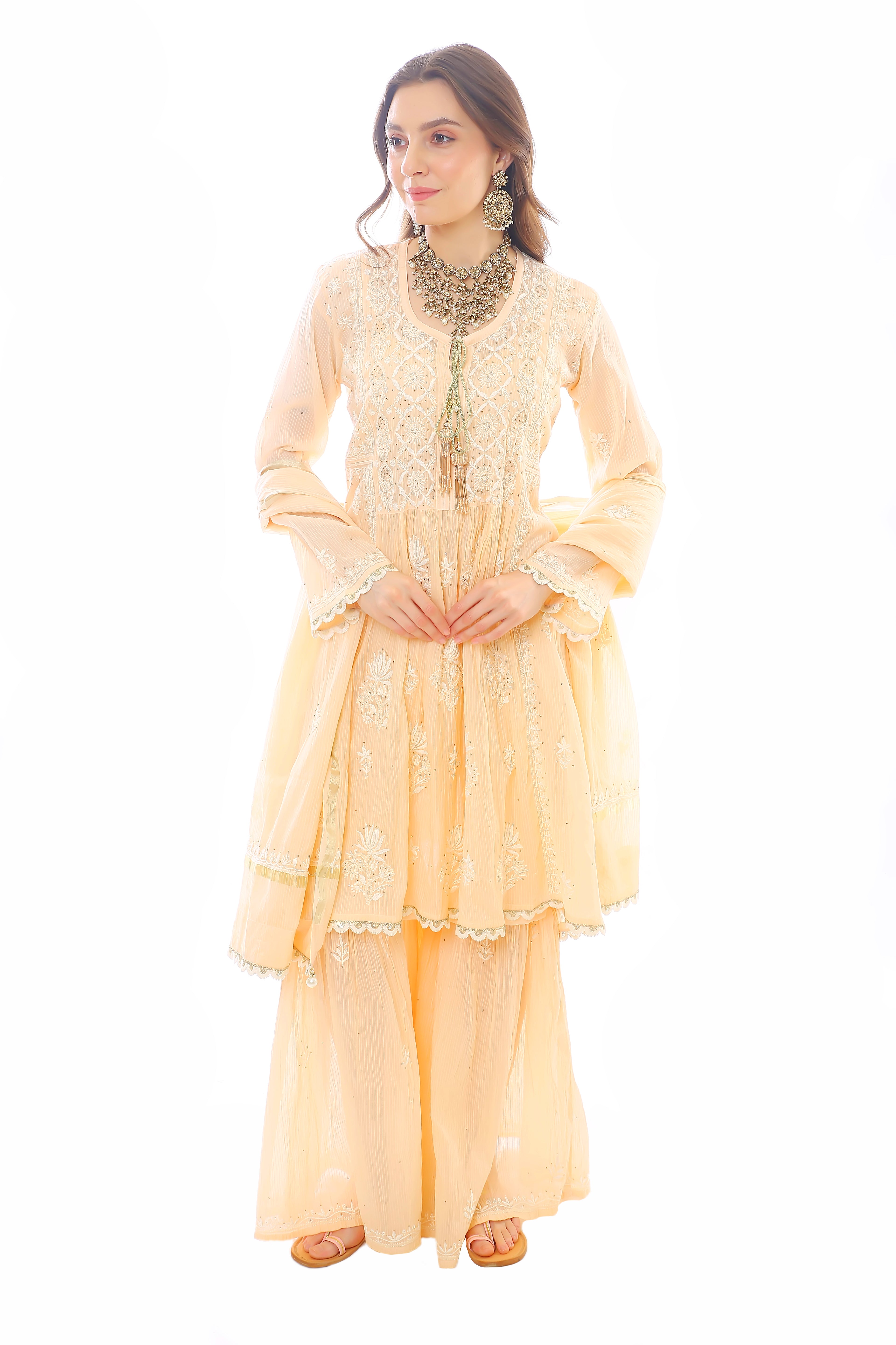Peach Mul Chanderi Gharara Set with Mukaish