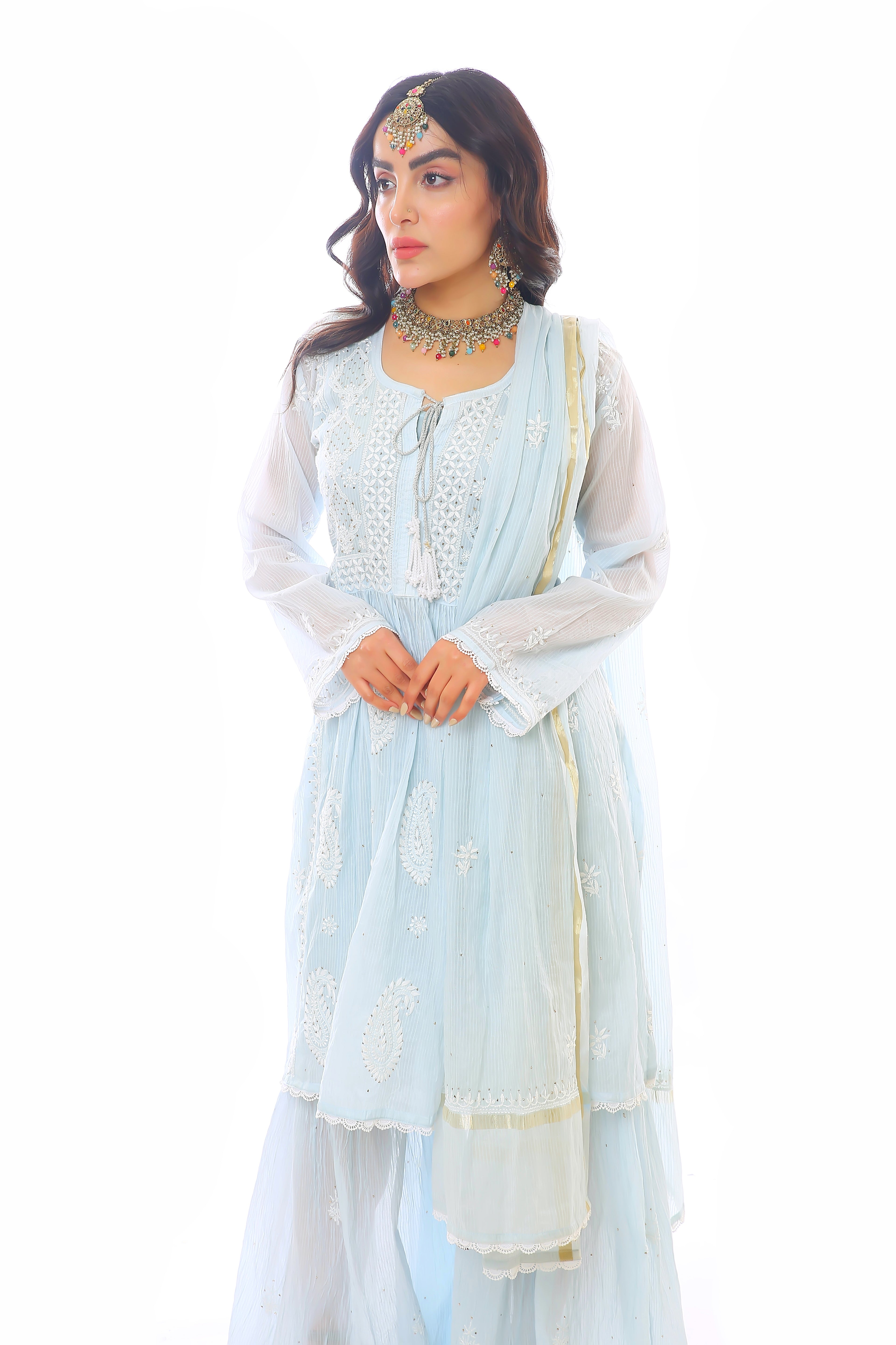 Sky Blue Mul Chanderi Gharara Set with Mukaish