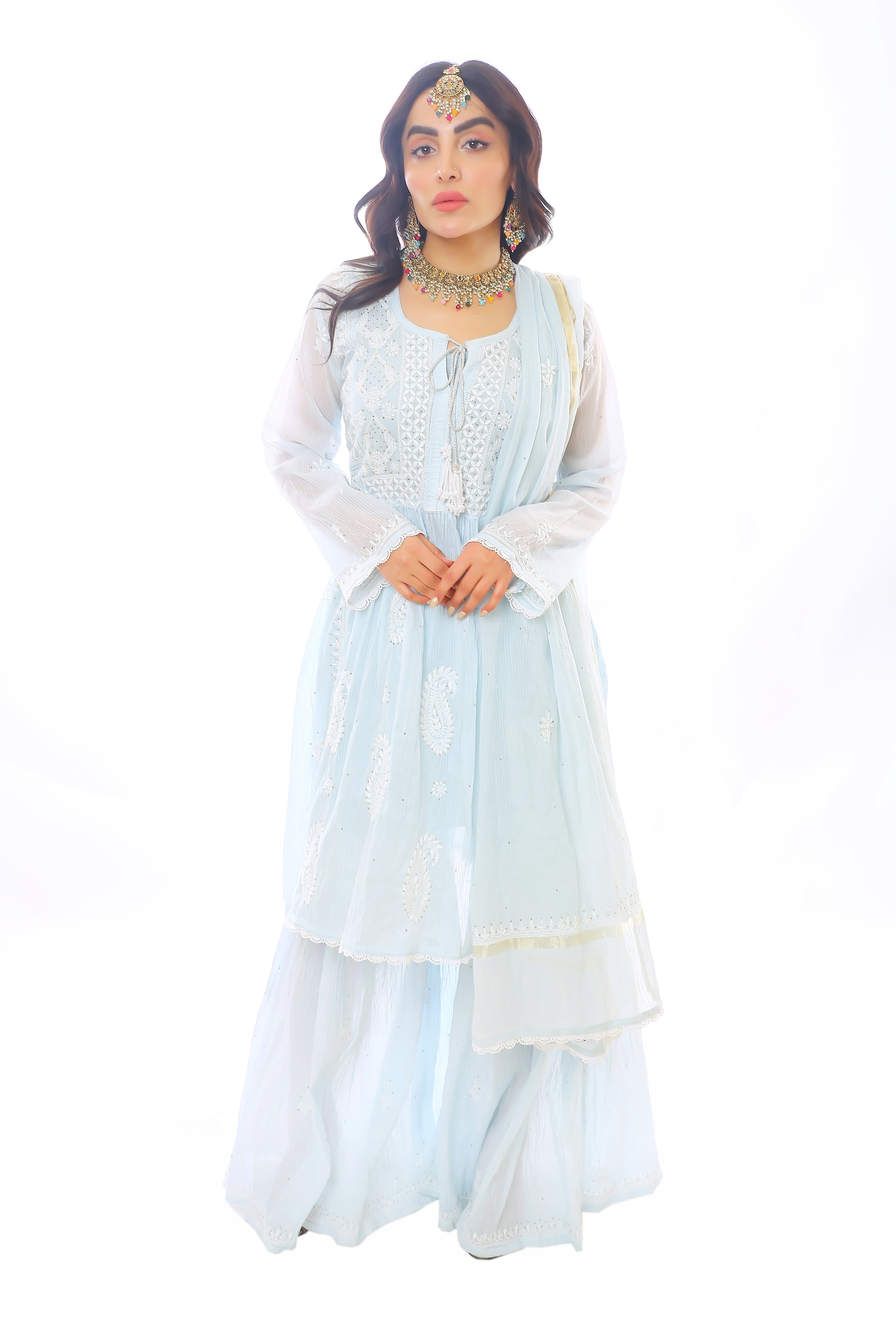 Sky Blue Mul Chanderi Gharara Set with Mukaish
