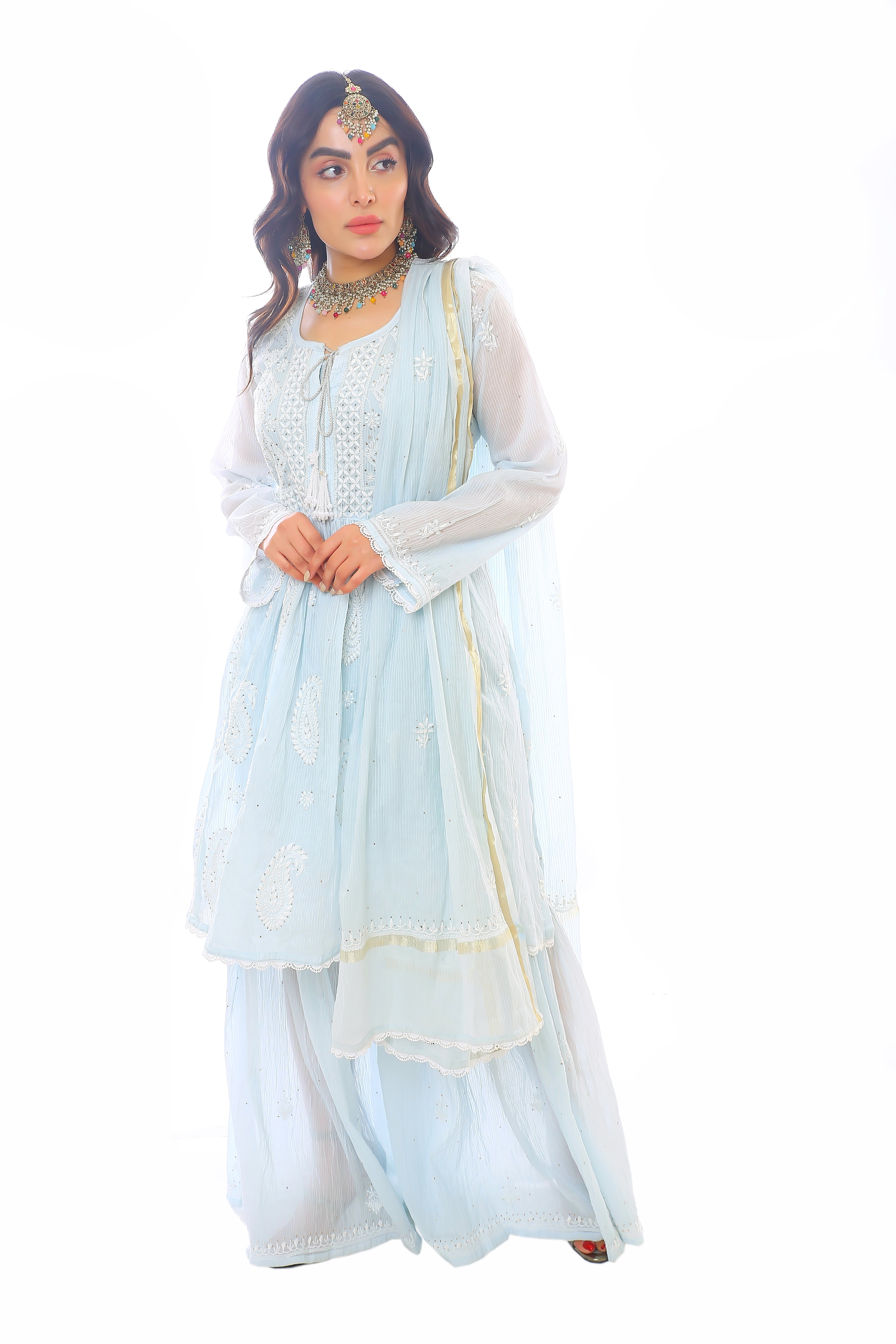 Sky Blue Mul Chanderi Gharara Set with Mukaish