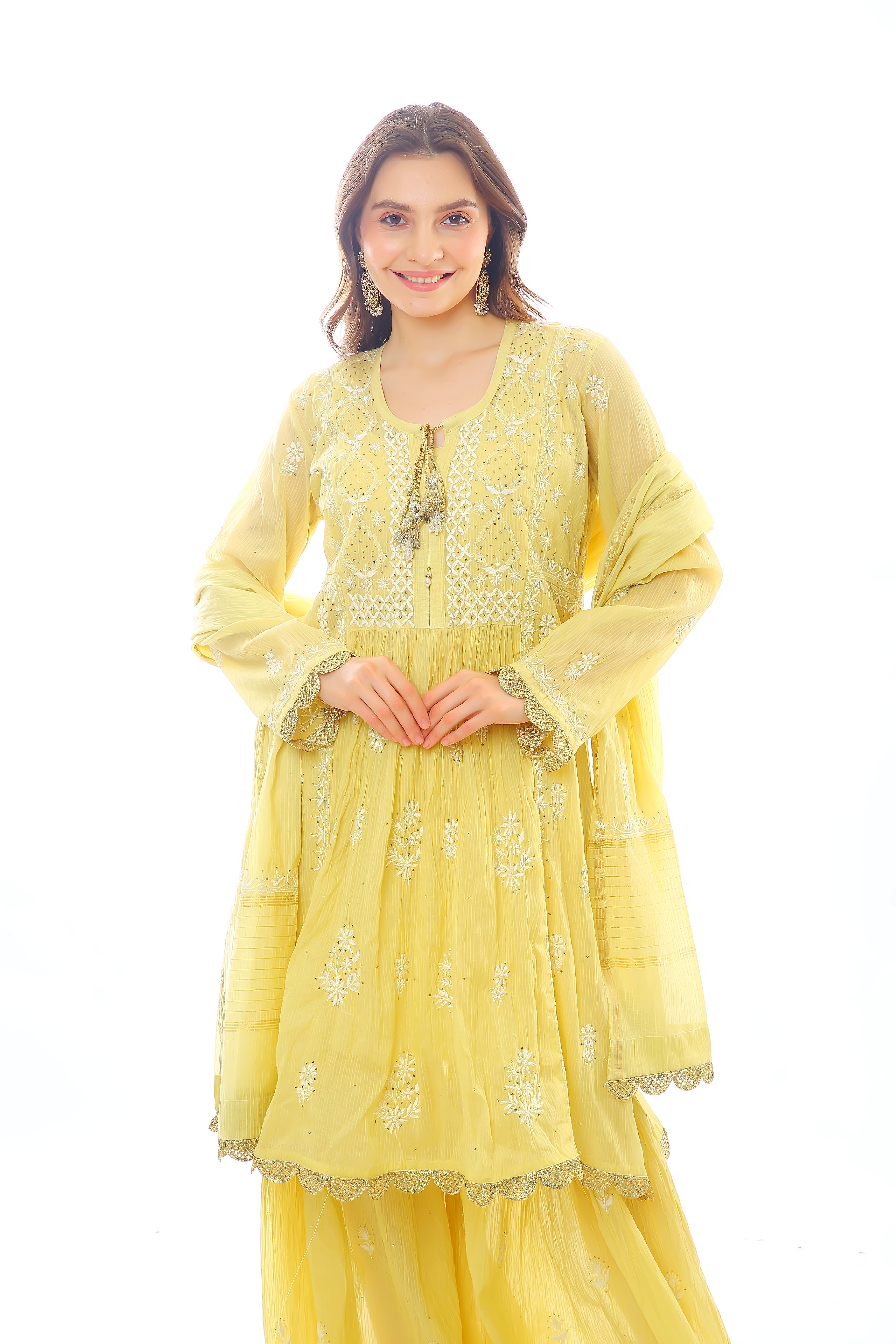 Yellow Mul Chanderi Gharara Set with Mukaish