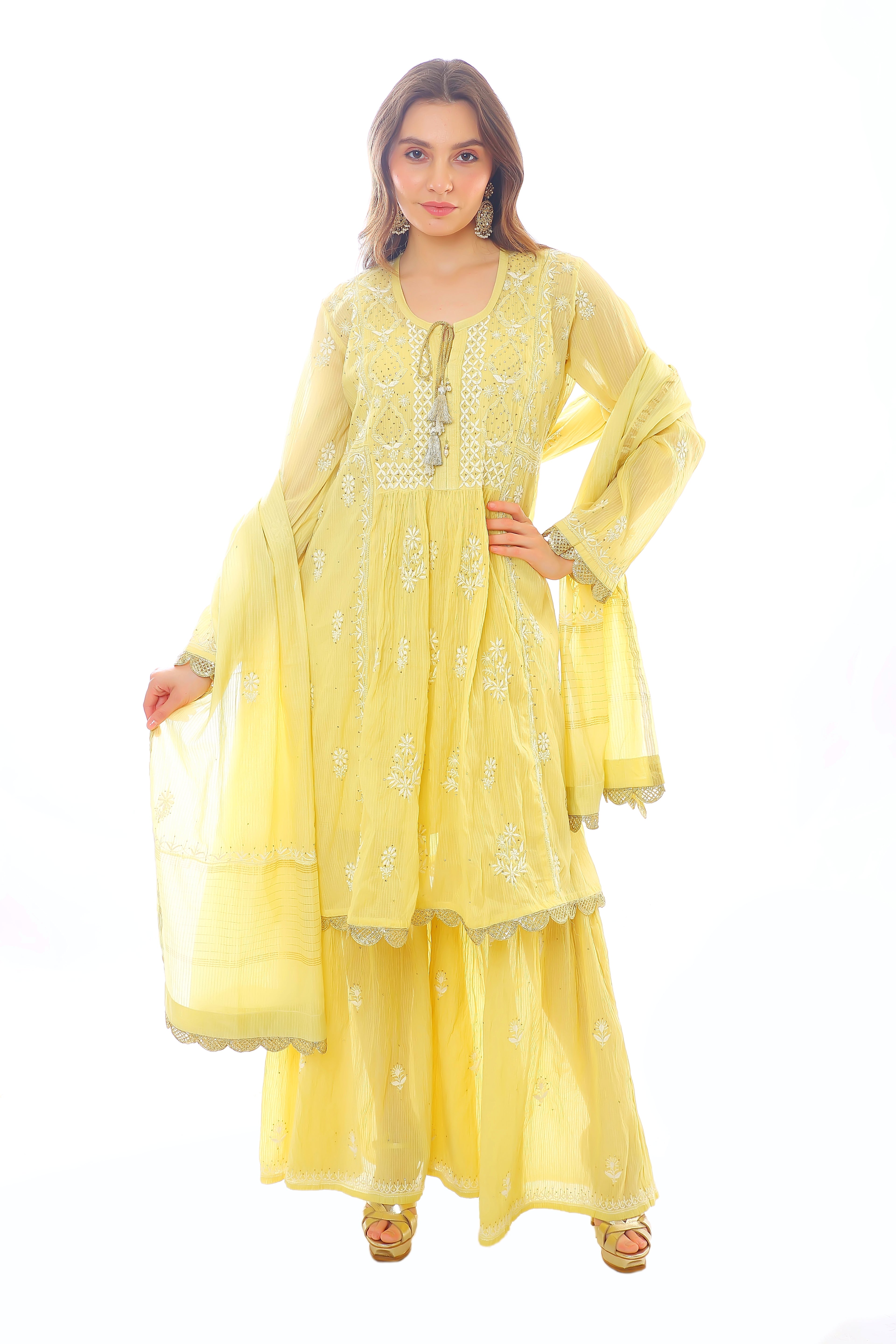 Yellow Mul Chanderi Gharara Set with Mukaish