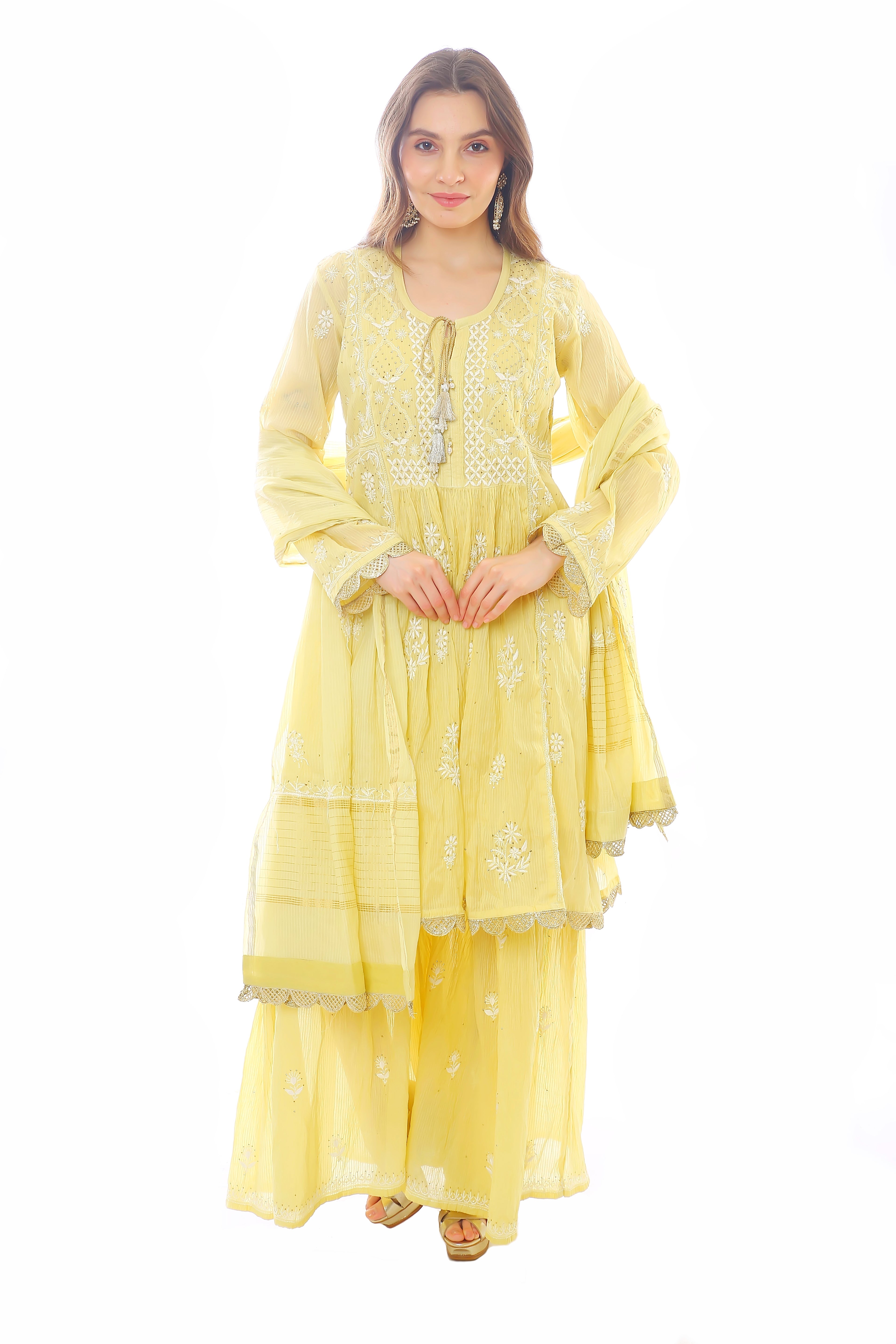 Yellow Mul Chanderi Gharara Set with Mukaish