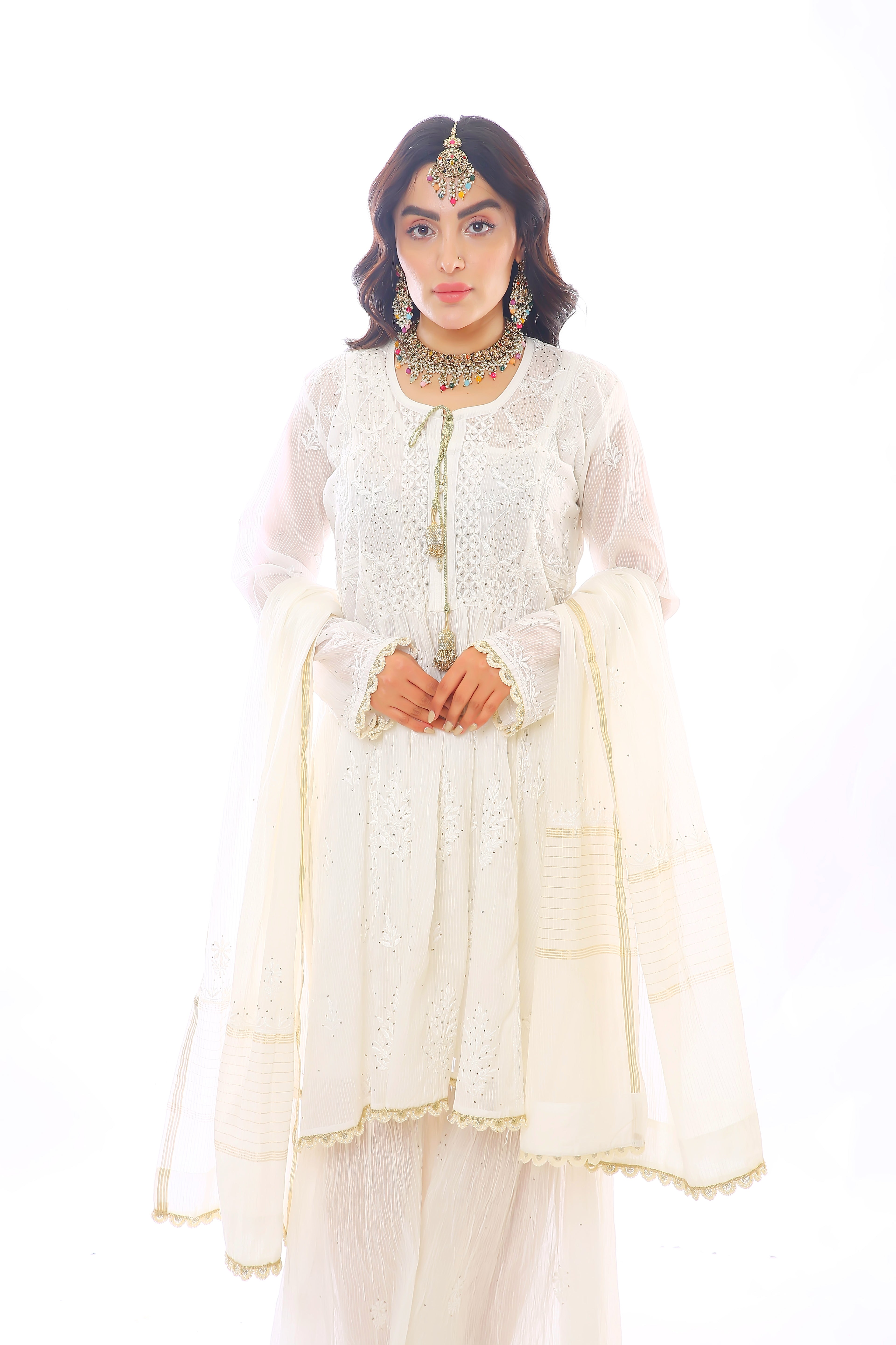 White Meher Mul Chanderi Gharara Set with Mukaish