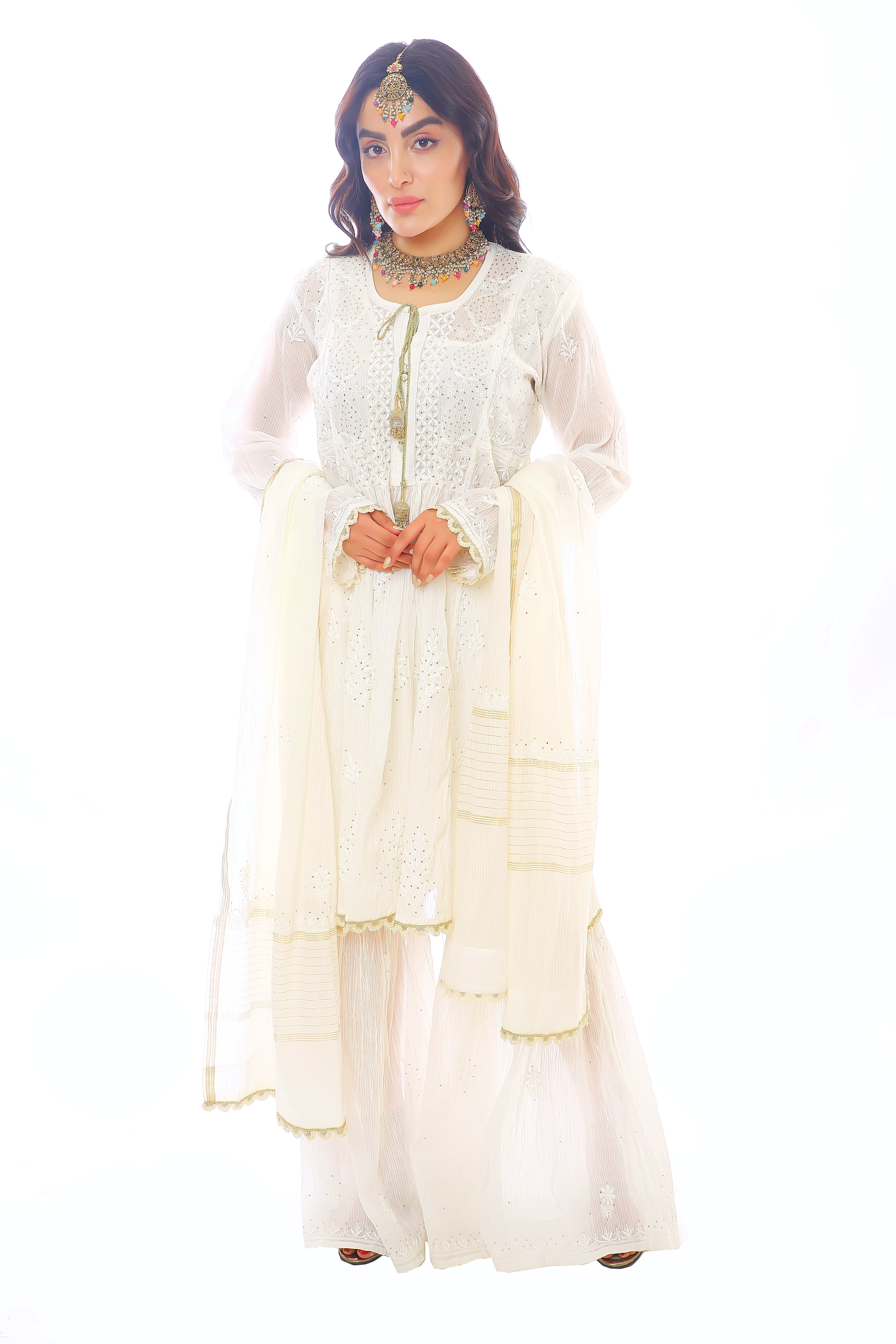 White Meher Mul Chanderi Gharara Set with Mukaish