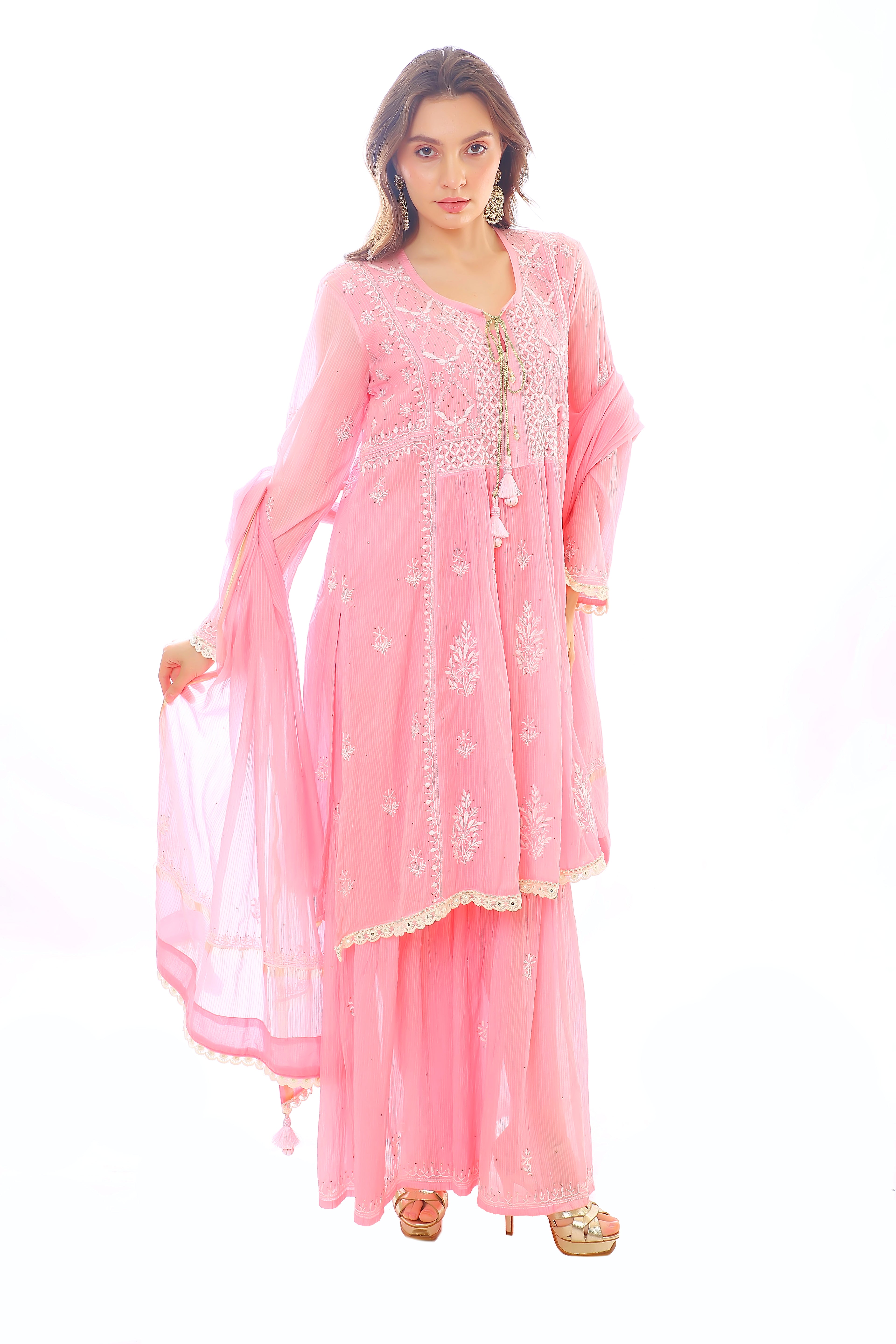 Pink Mul Chanderi Gharara Set with Mukaish