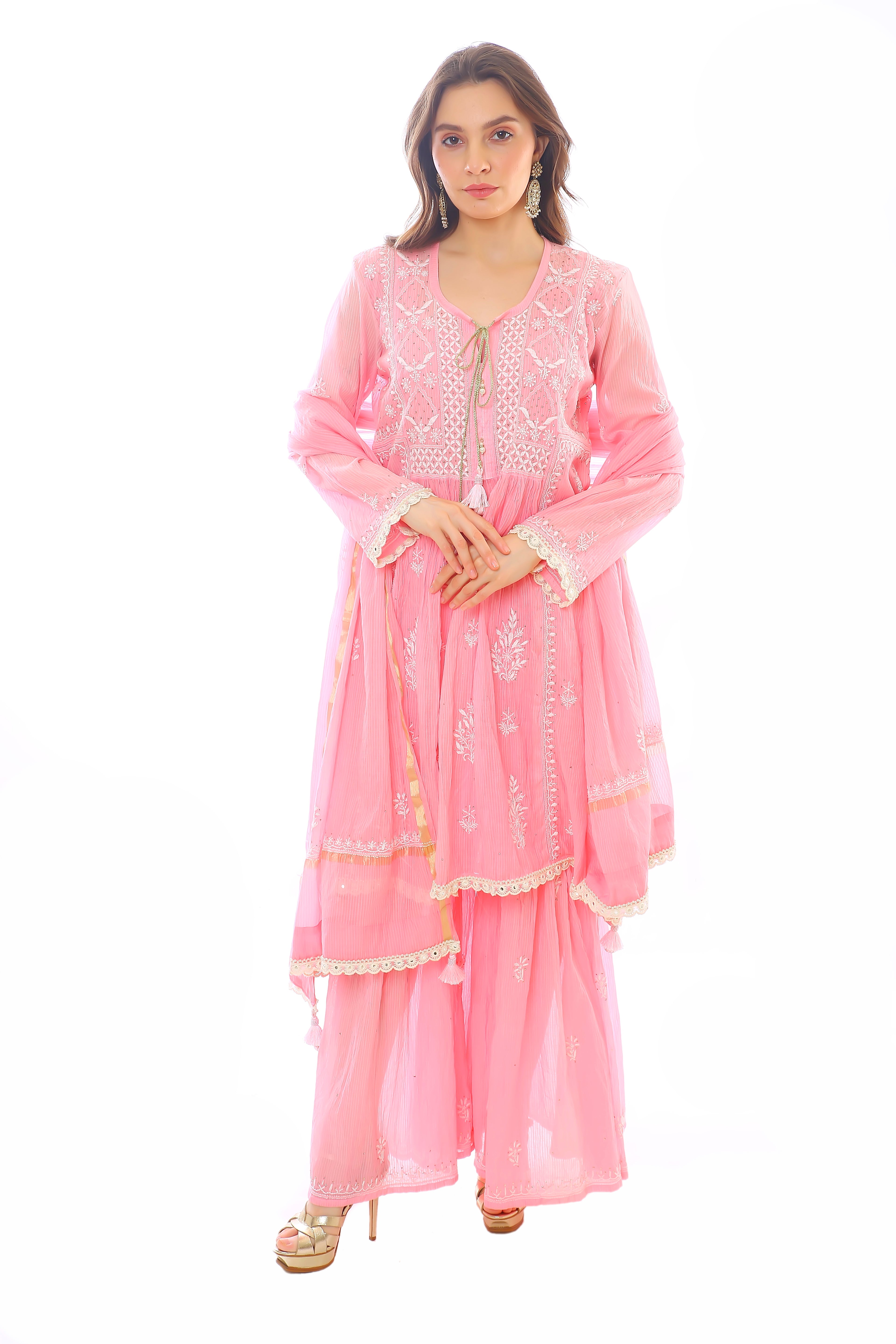 Pink Mul Chanderi Gharara Set with Mukaish
