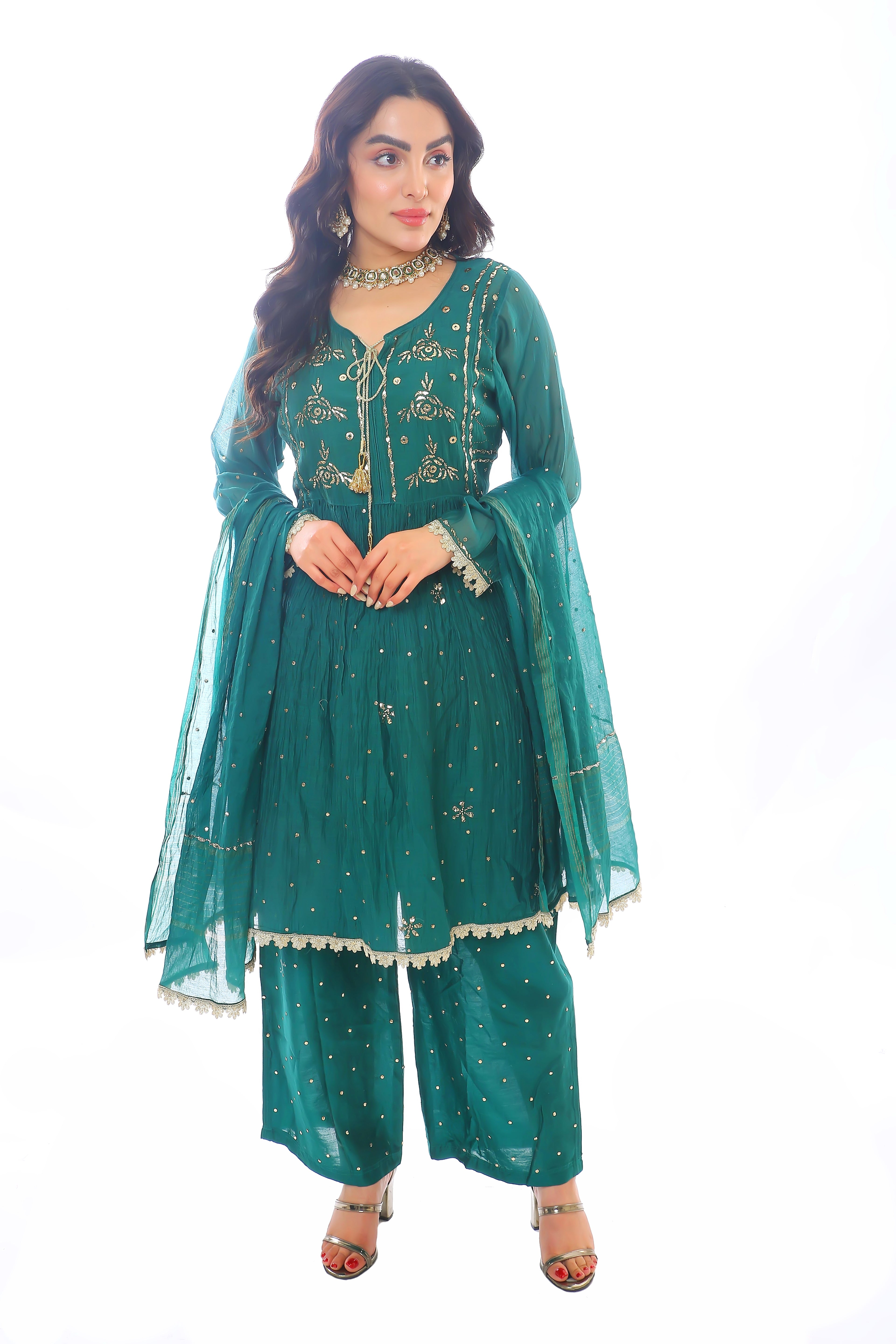 Green Chanderi Inaya Kurta Pant Dupatta with Golden Pitta