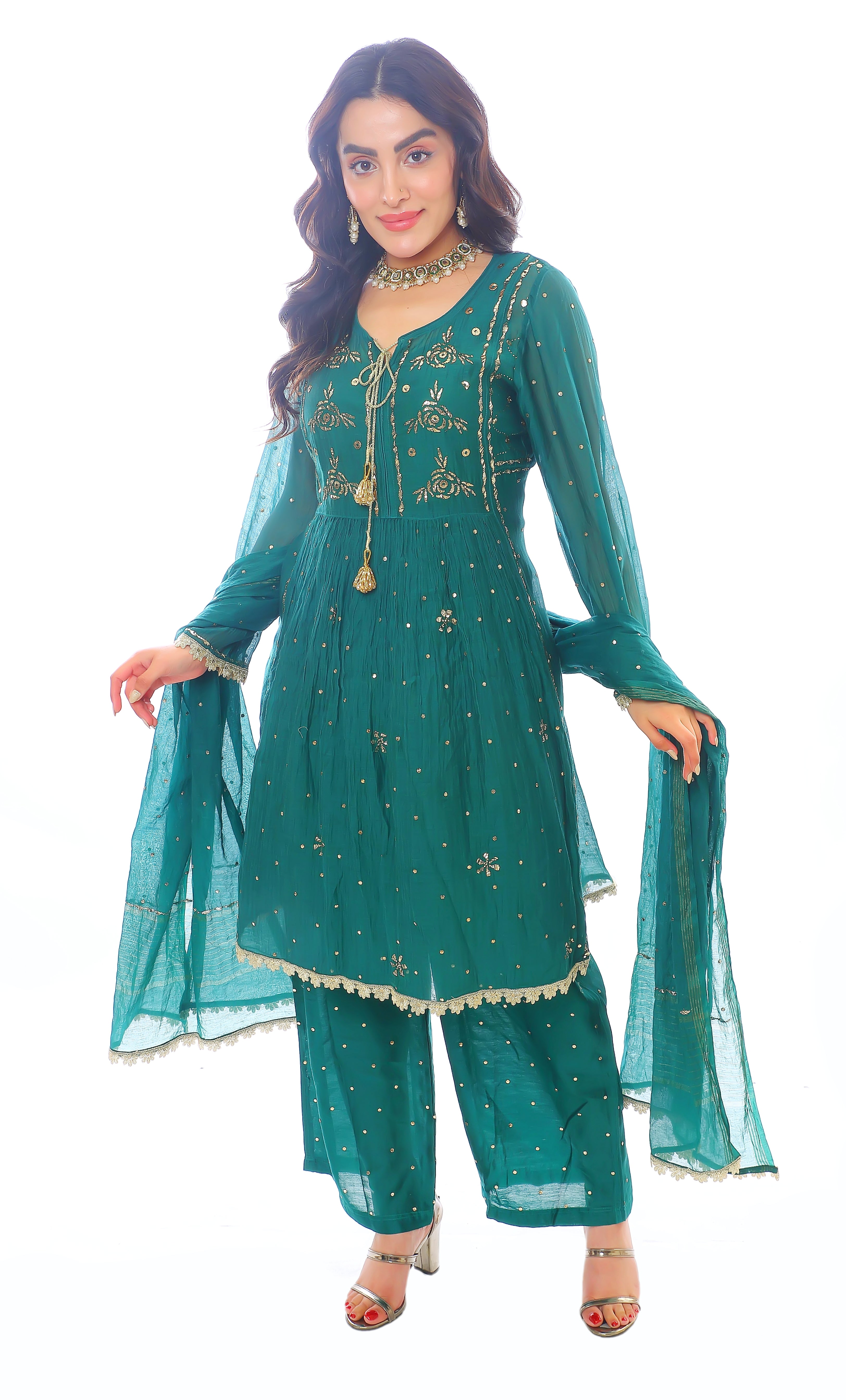 Green Chanderi Inaya Kurta Pant Dupatta with Golden Pitta