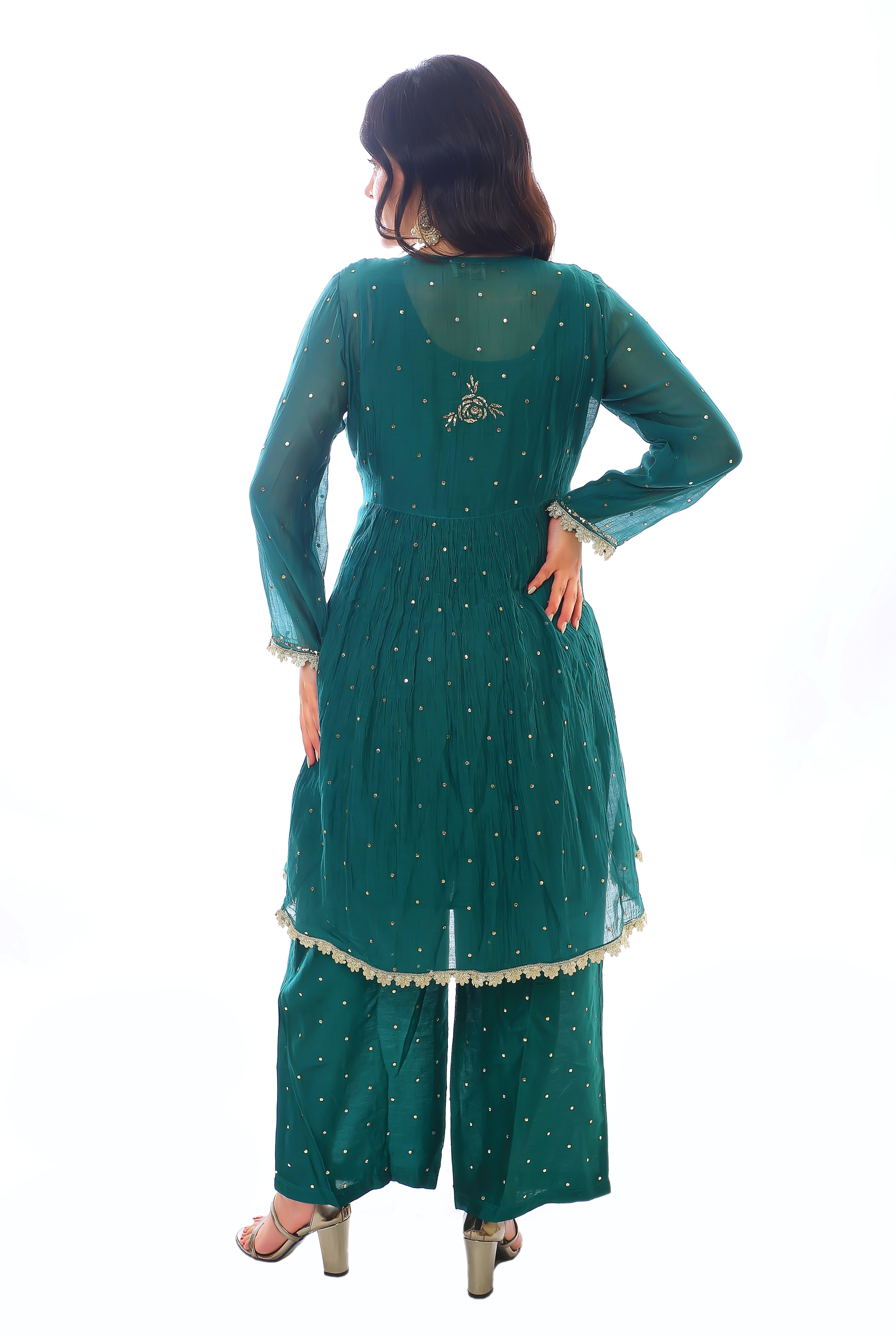 Green Chanderi Inaya Kurta Pant Dupatta with Golden Pitta