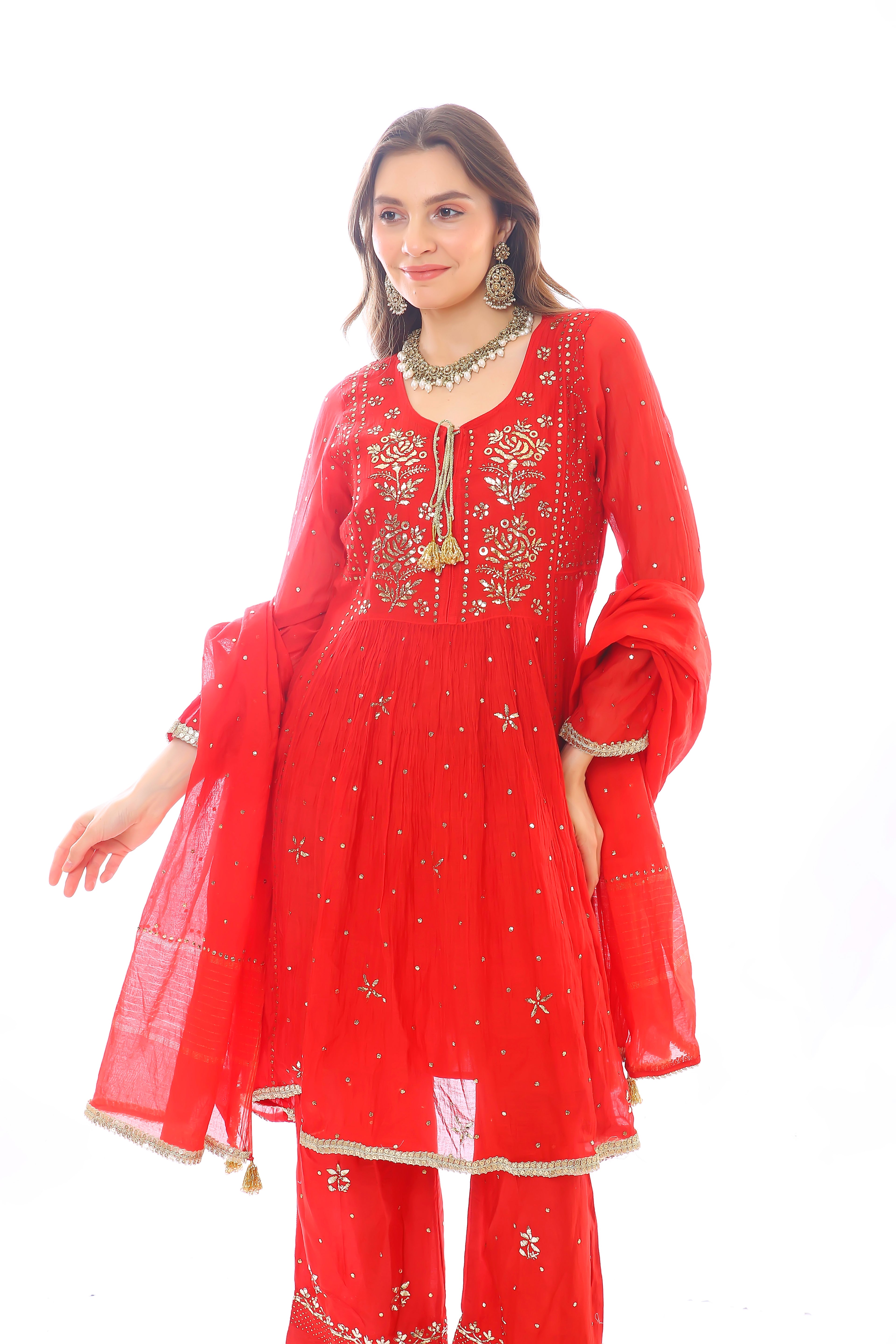Red Chanderi Inaya Kurta Pant Dupatta with Golden Pitta