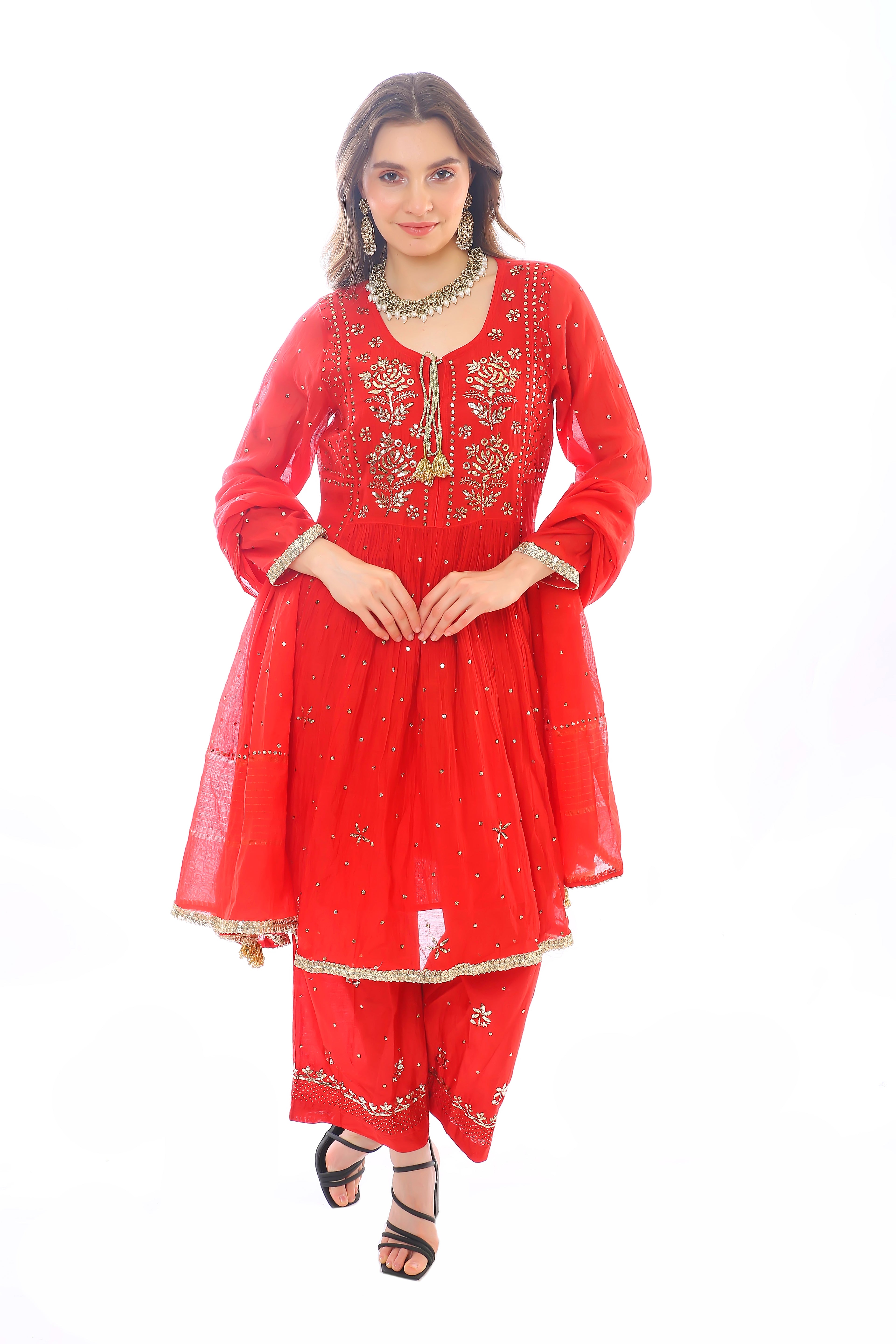 Red Chanderi Inaya Kurta Pant Dupatta with Golden Pitta