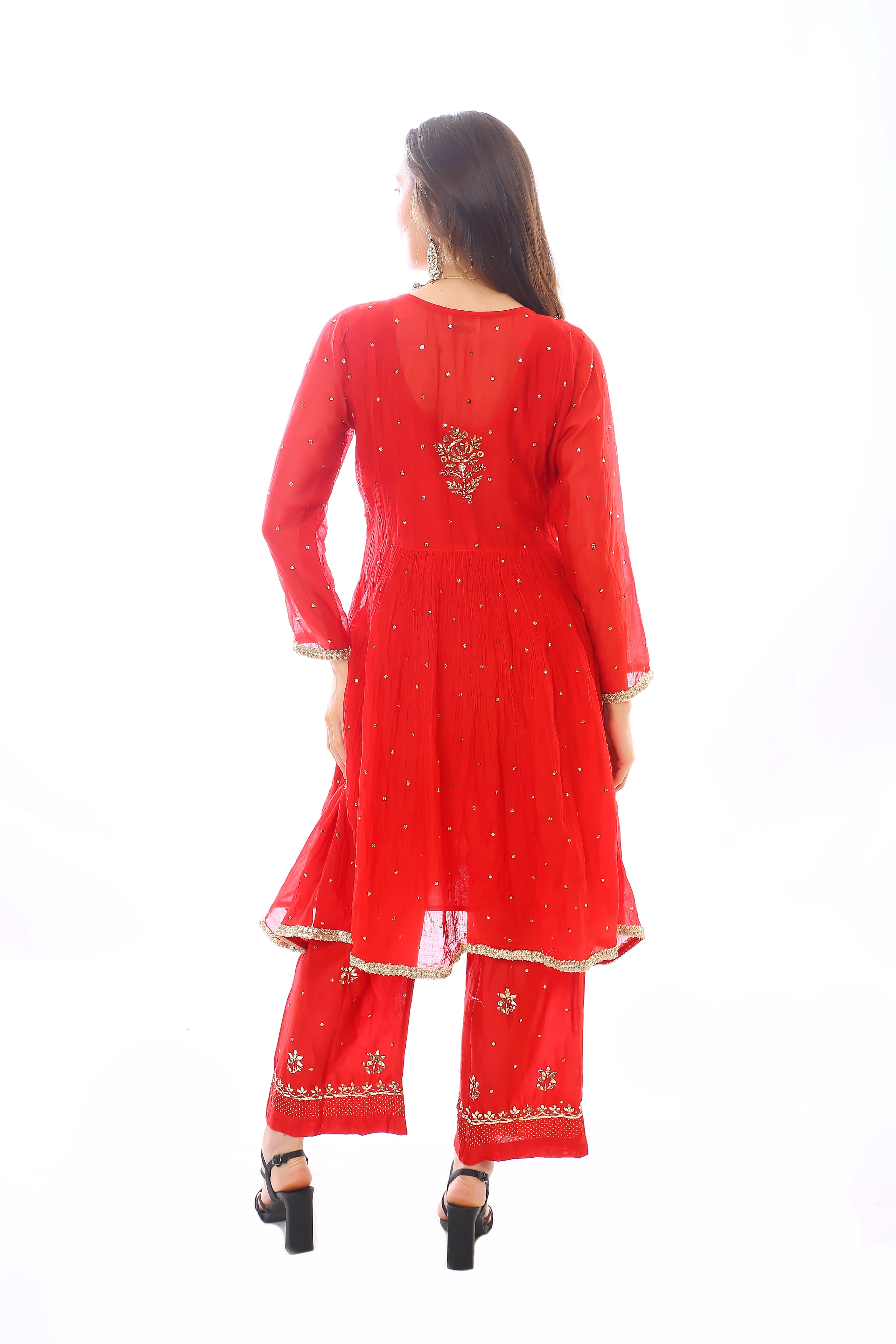 Red Chanderi Inaya Kurta Pant Dupatta with Golden Pitta