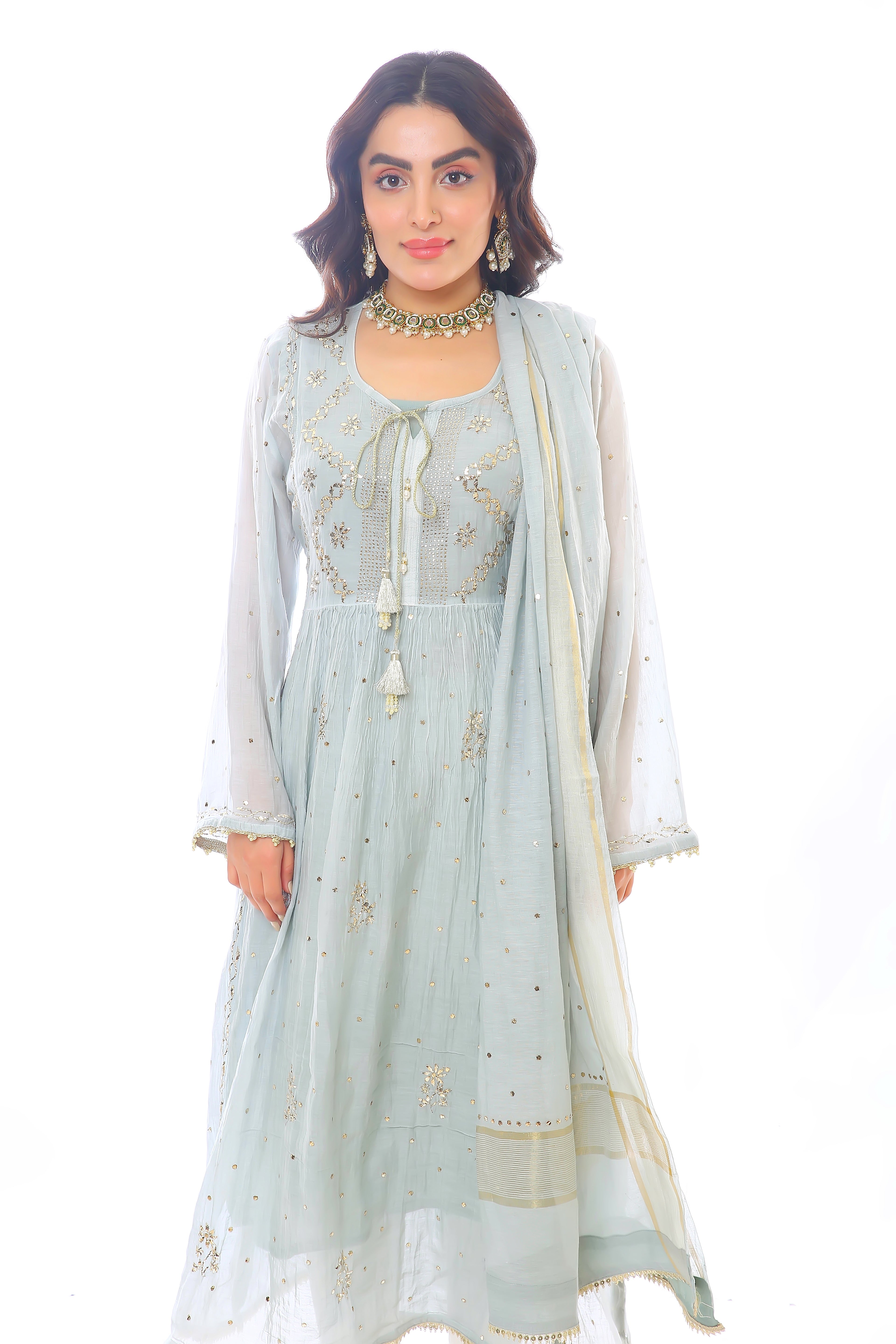 Grey Haya Kurta Dupatta Pant Set in Chanderi with Golden Pitta