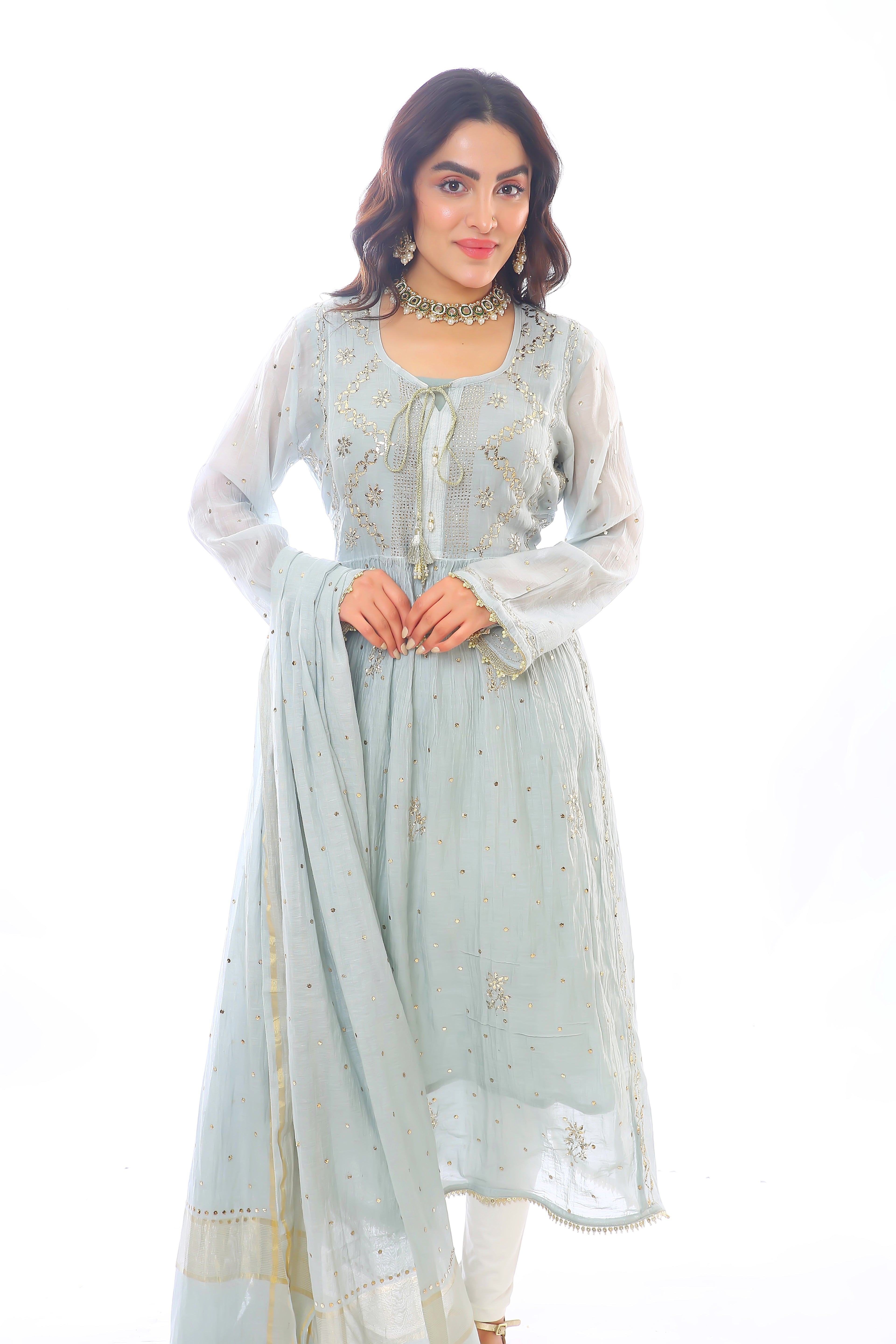 Grey Haya Kurta Dupatta Pant Set in Chanderi with Golden Pitta
