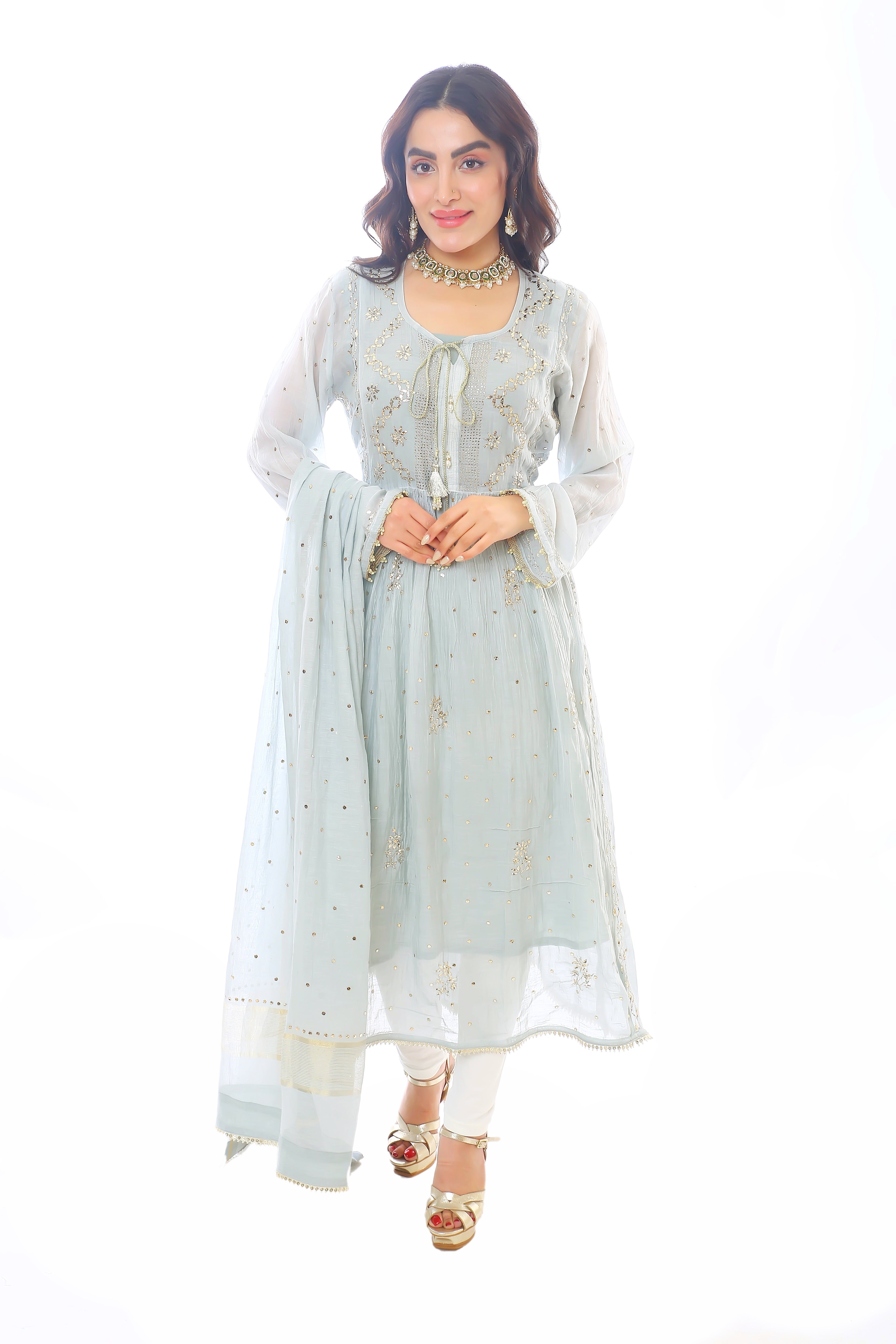 Grey Haya Kurta Dupatta Pant Set in Chanderi with Golden Pitta