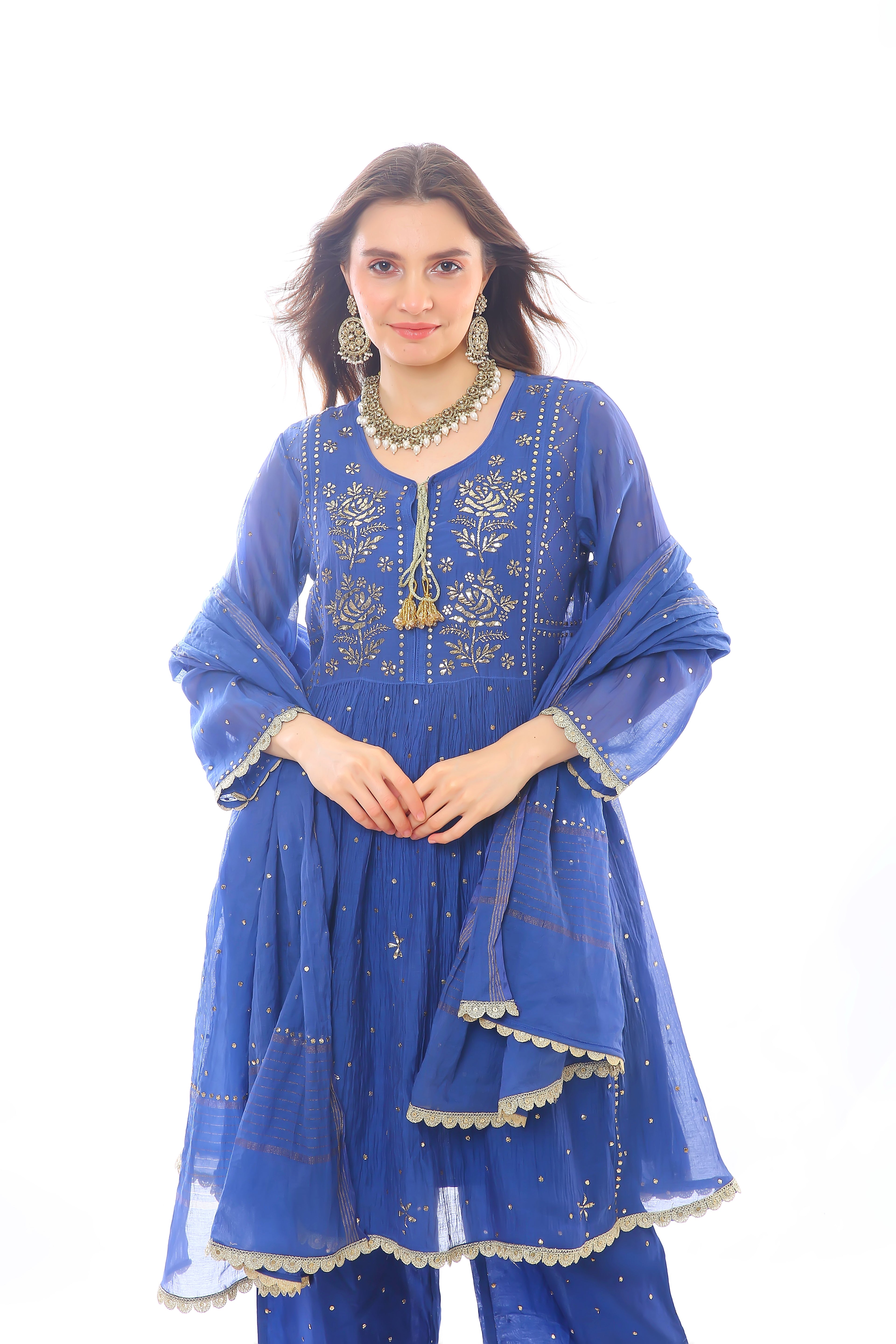 Navy Blue Chanderi Inaya Kurta Pant Dupatta with Golden Pitta