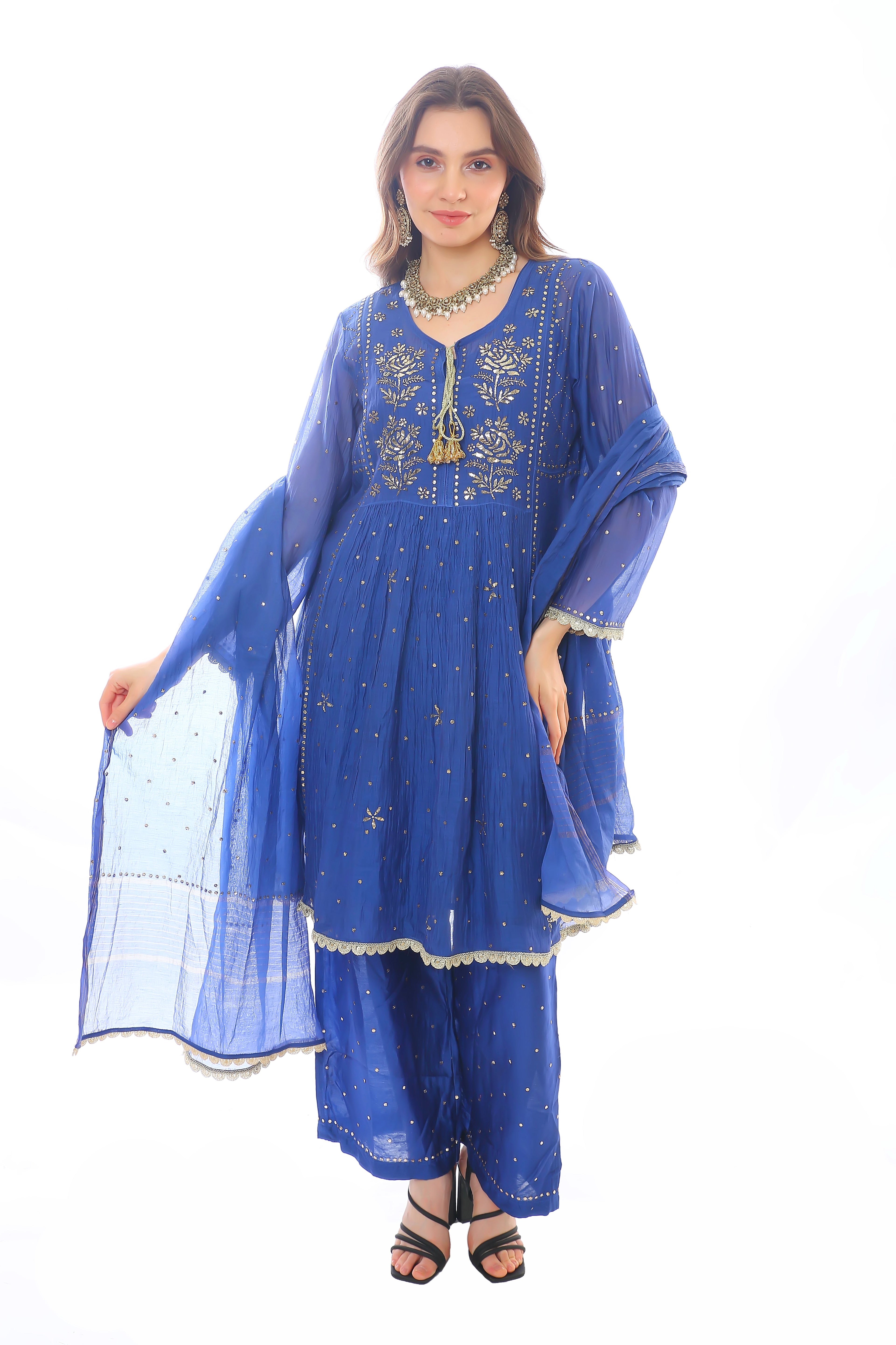 Navy Blue Chanderi Inaya Kurta Pant Dupatta with Golden Pitta