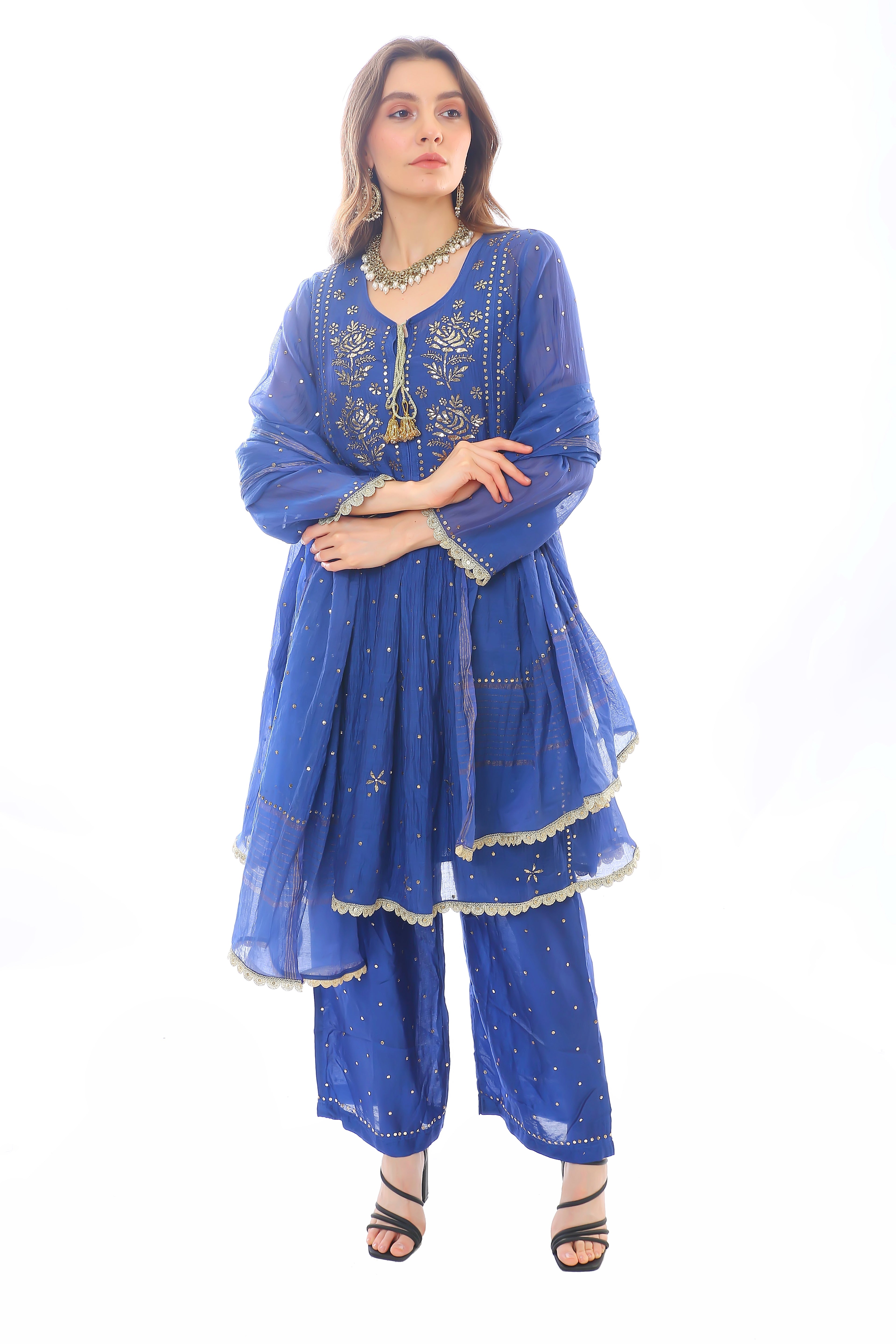 Navy Blue Chanderi Inaya Kurta Pant Dupatta with Golden Pitta