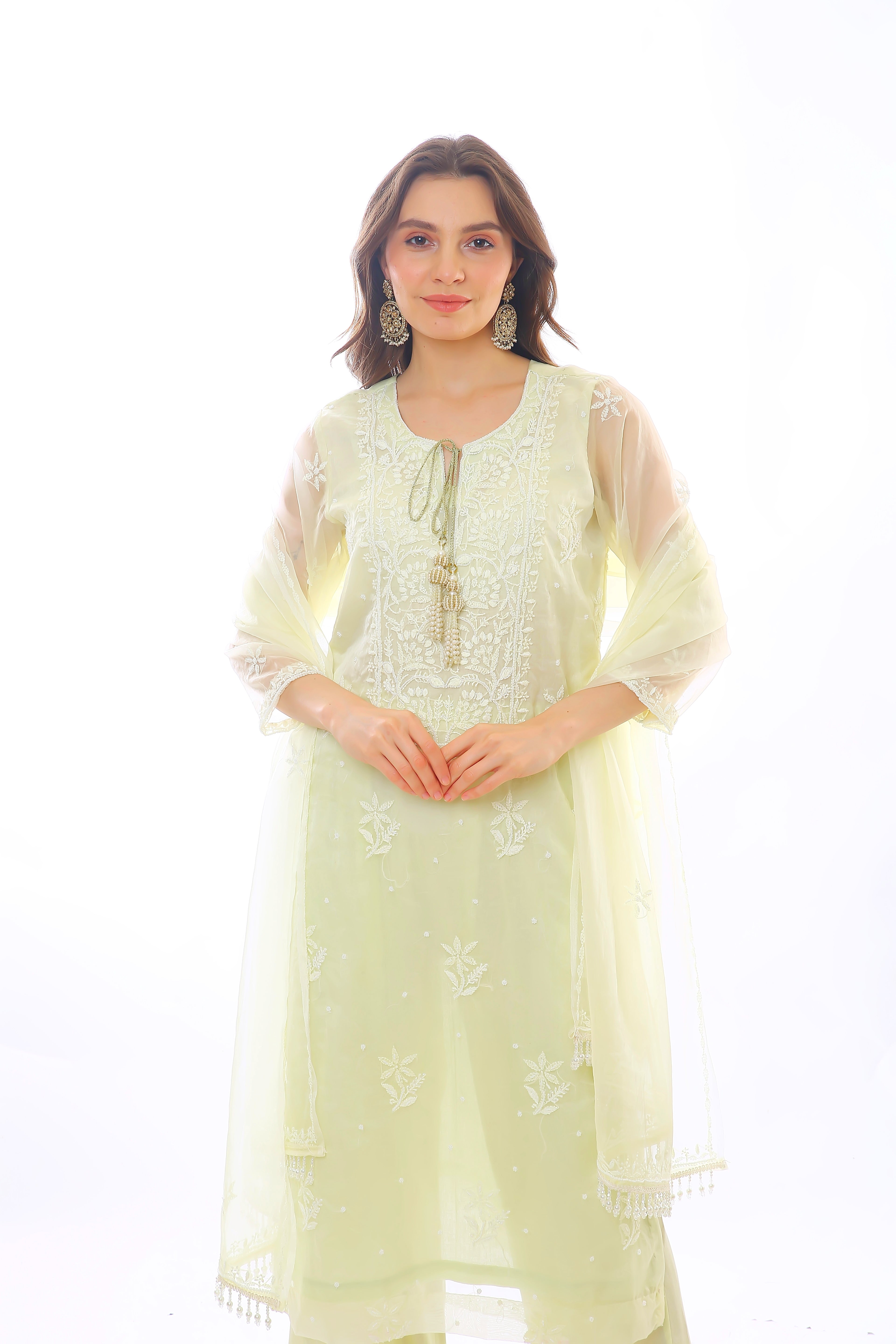 Mint Green Organza Husna Kurta Pant Dupatta with Moti Cutdana