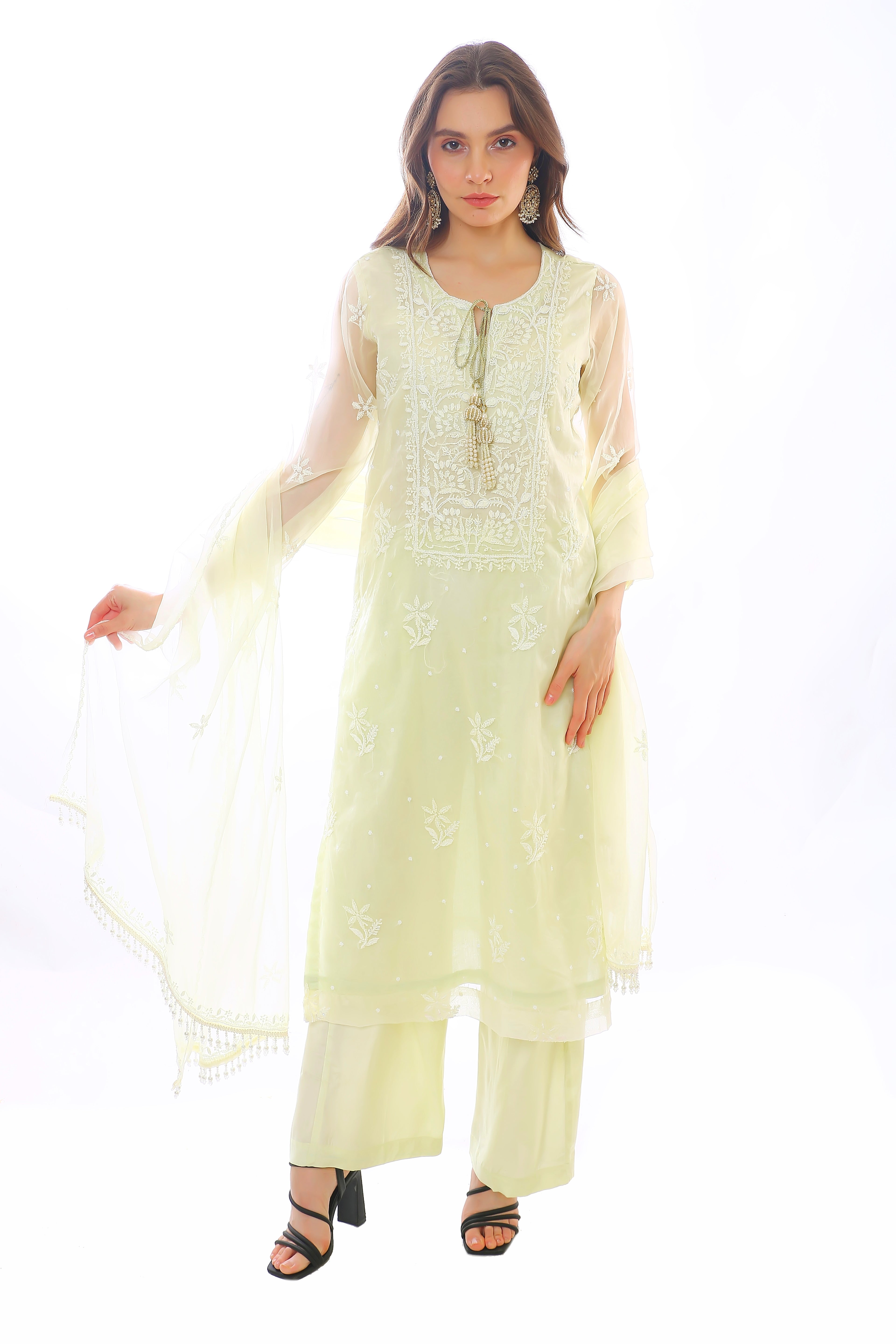 Mint Green Organza Husna Kurta Pant Dupatta with Moti Cutdana
