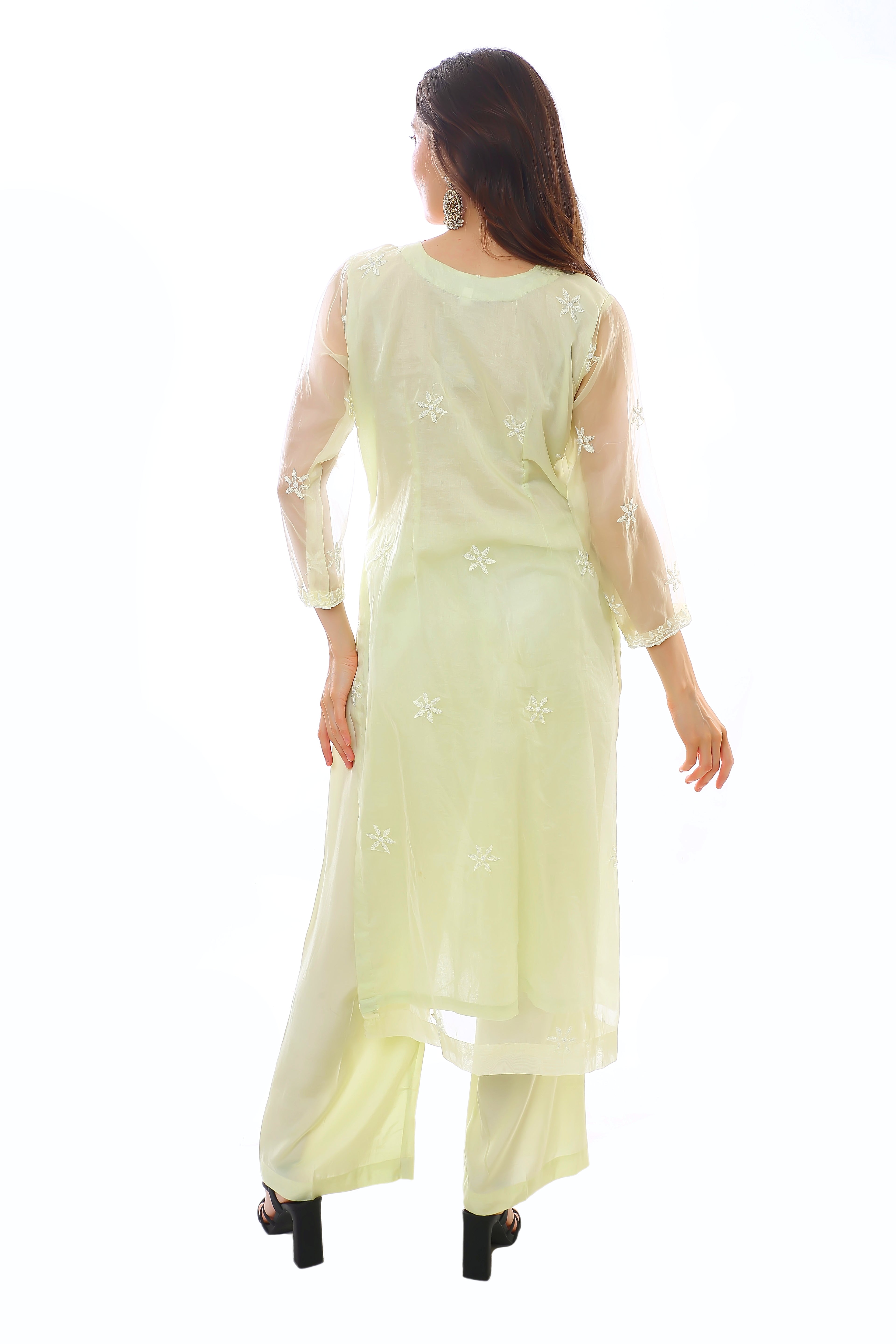 Mint Green Organza Husna Kurta Pant Dupatta with Moti Cutdana