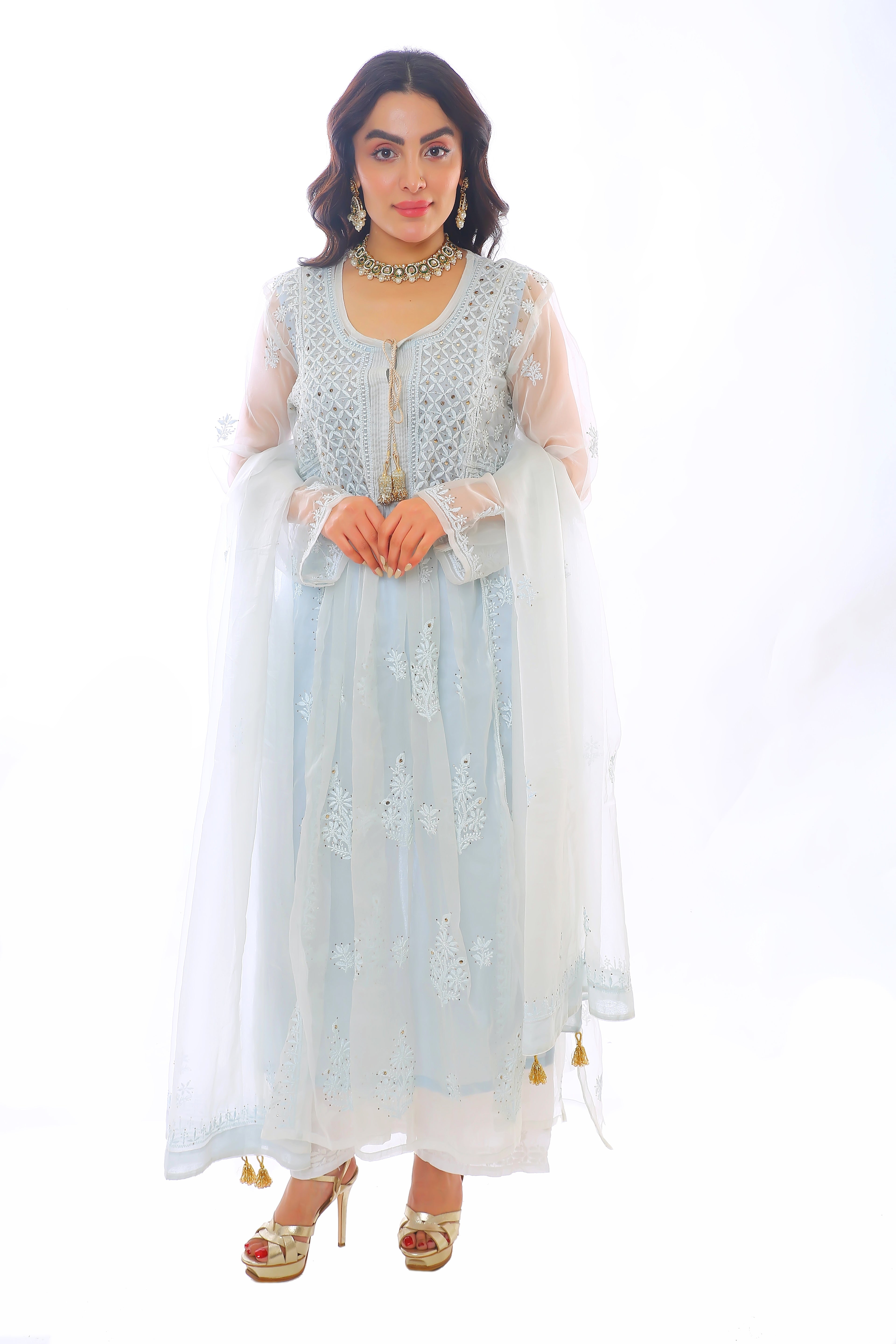 Ice Blue Organza Husna Kurta Pant Dupatta with Moti Cutdana