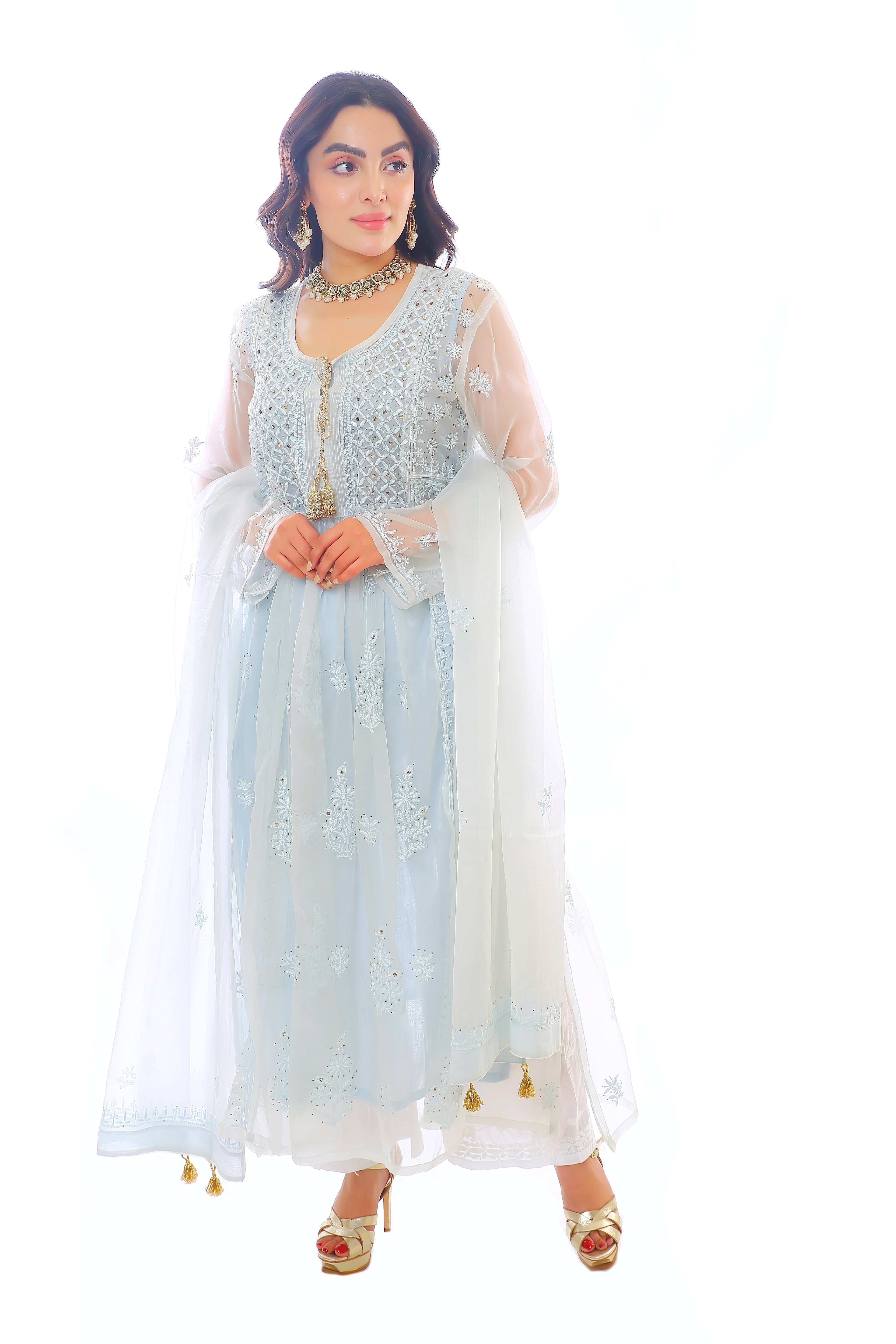 Ice Blue Organza Husna Kurta Pant Dupatta with Moti Cutdana