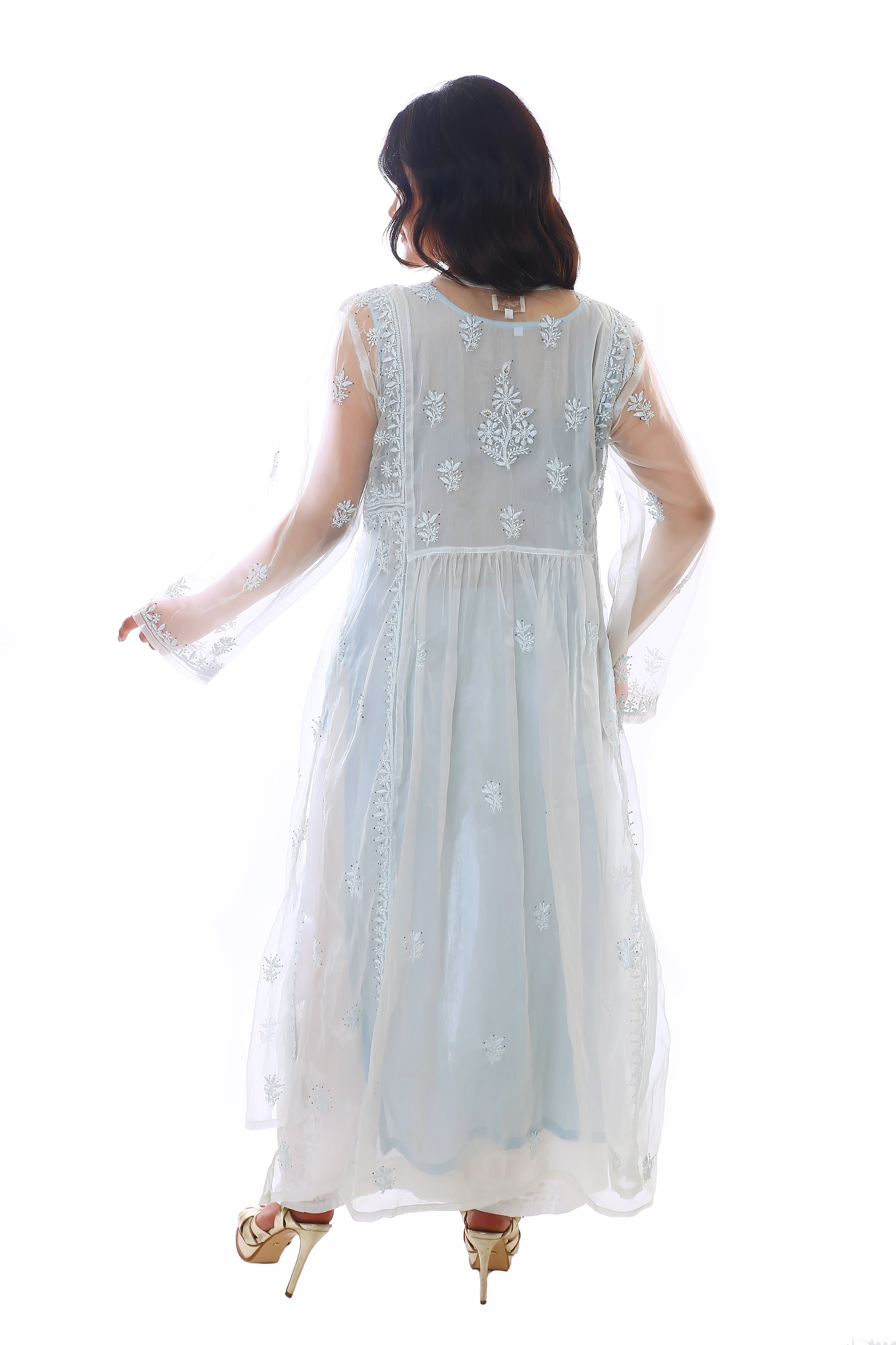 Ice Blue Organza Husna Kurta Pant Dupatta with Moti Cutdana