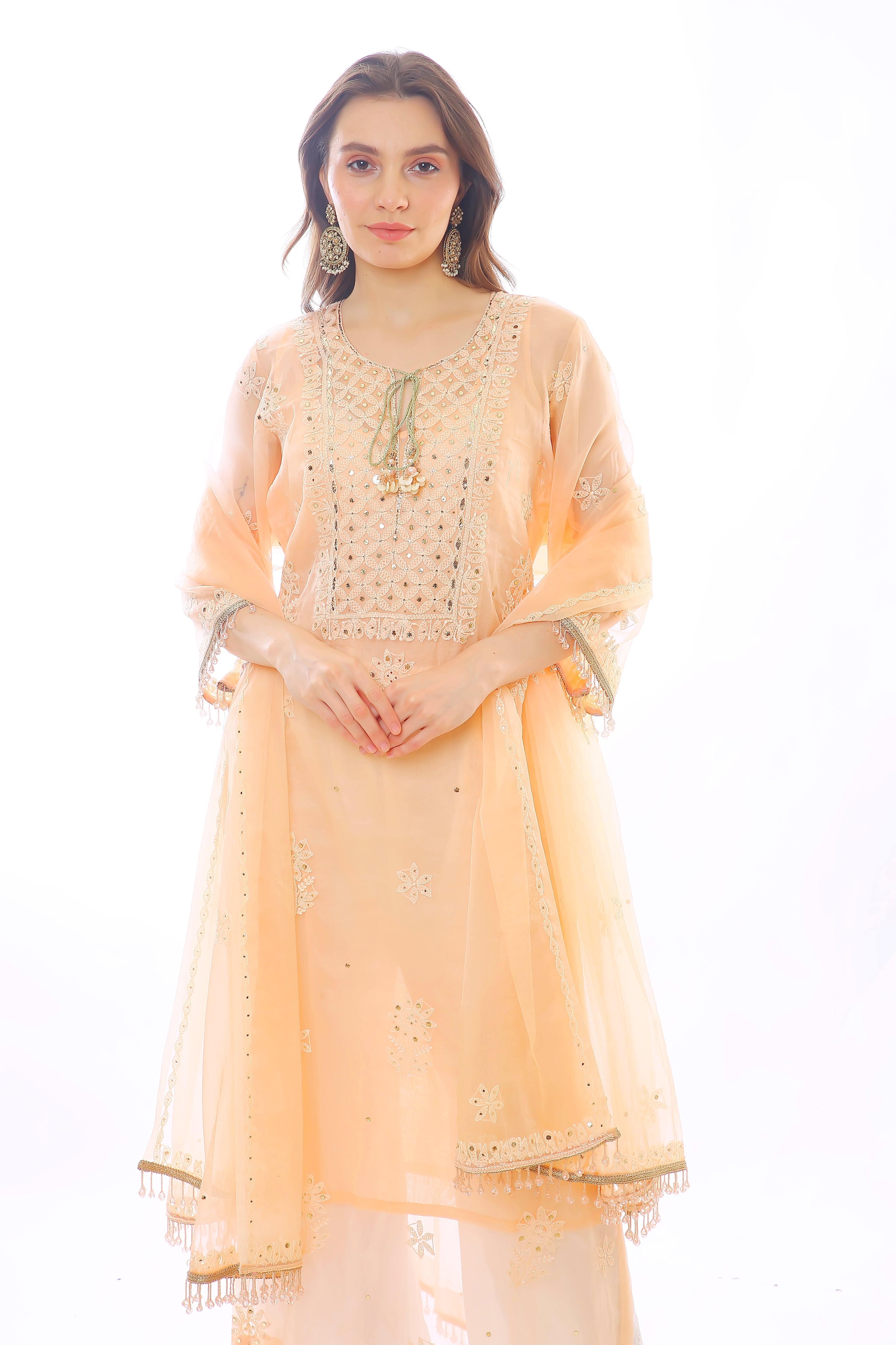 Peach Organza Mahtab Kurta Pant Dupatta with Mukaish