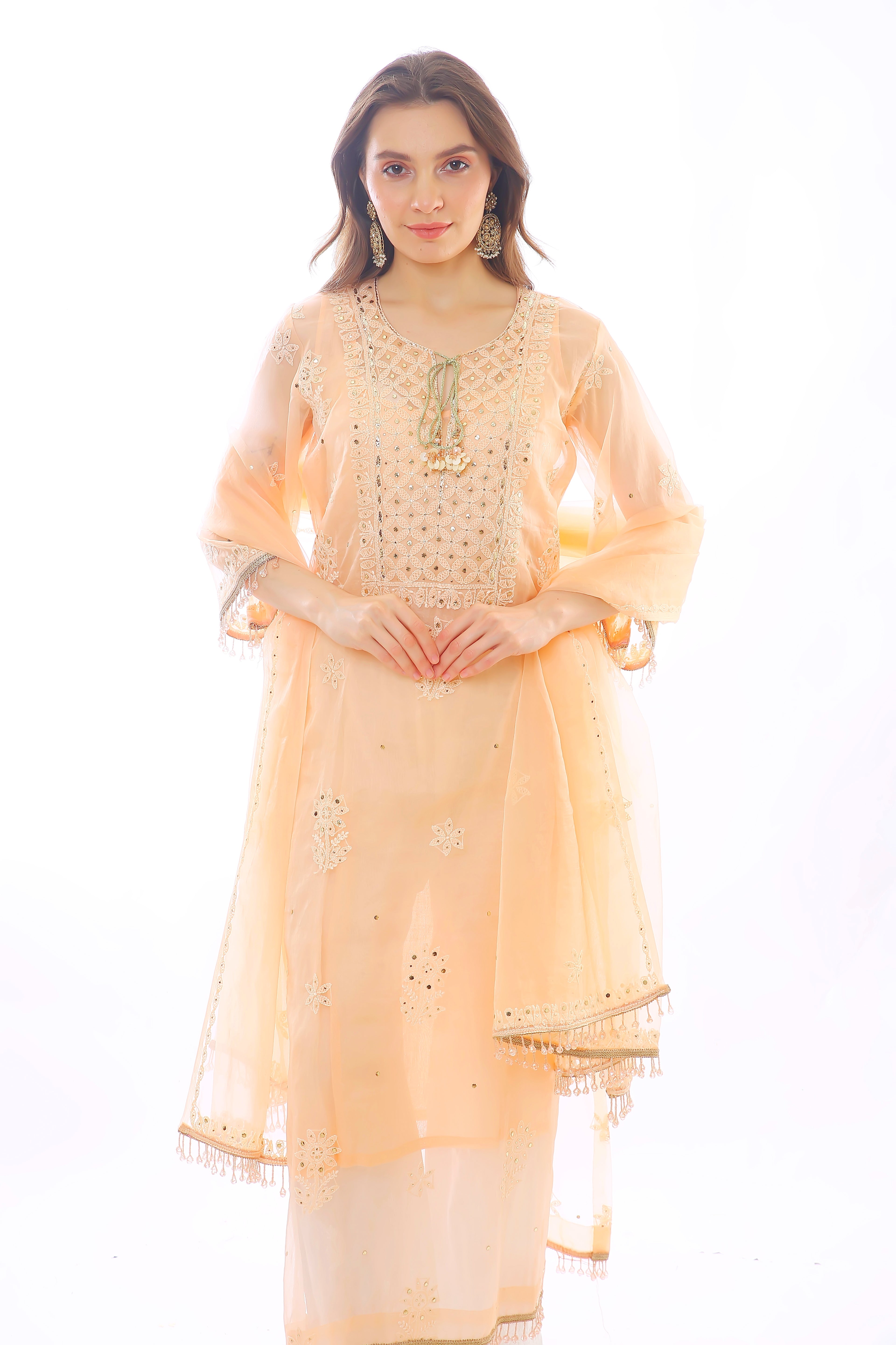 Peach Organza Mahtab Kurta Pant Dupatta with Mukaish
