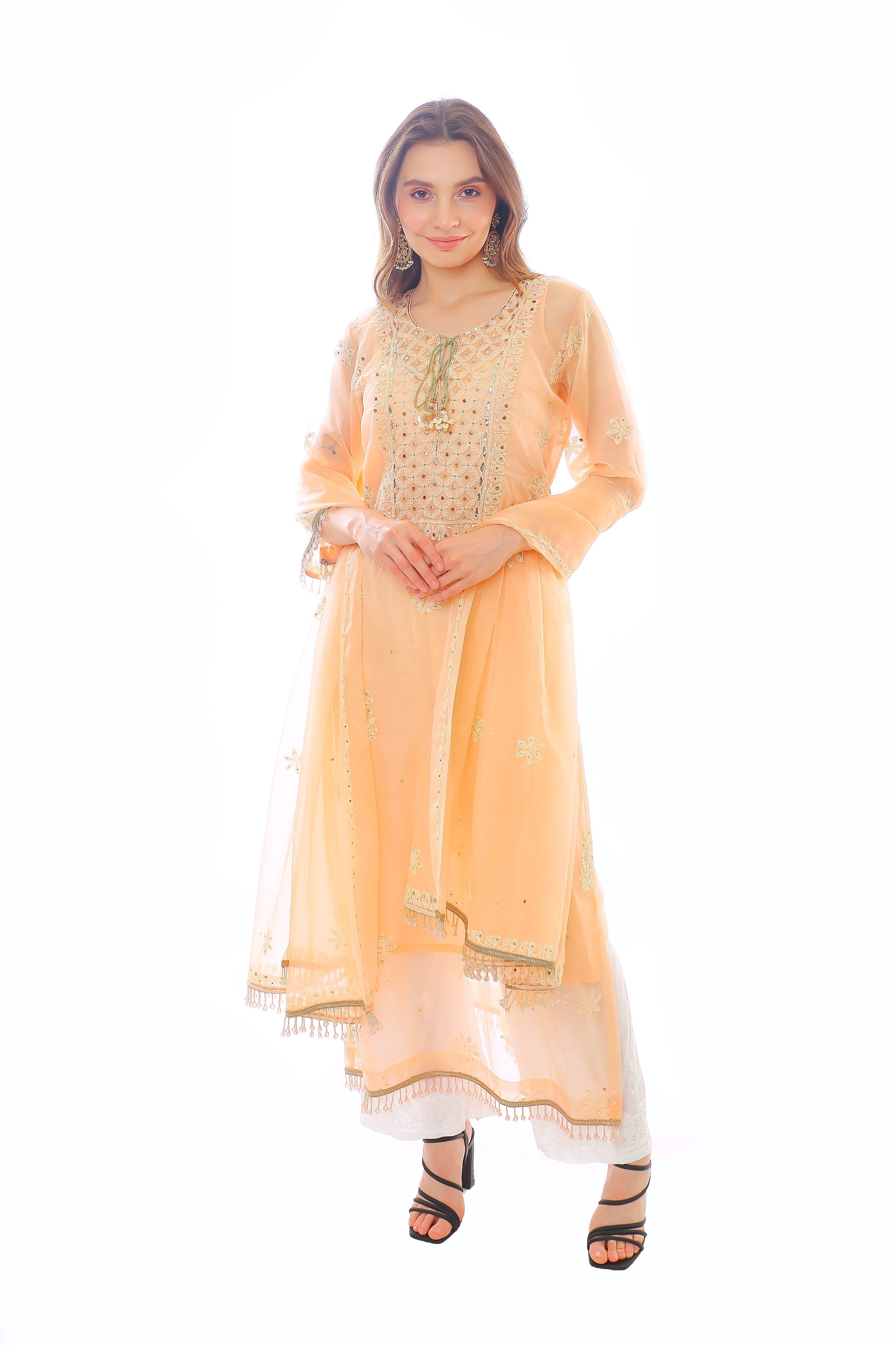 Peach Organza Mahtab Kurta Pant Dupatta with Mukaish