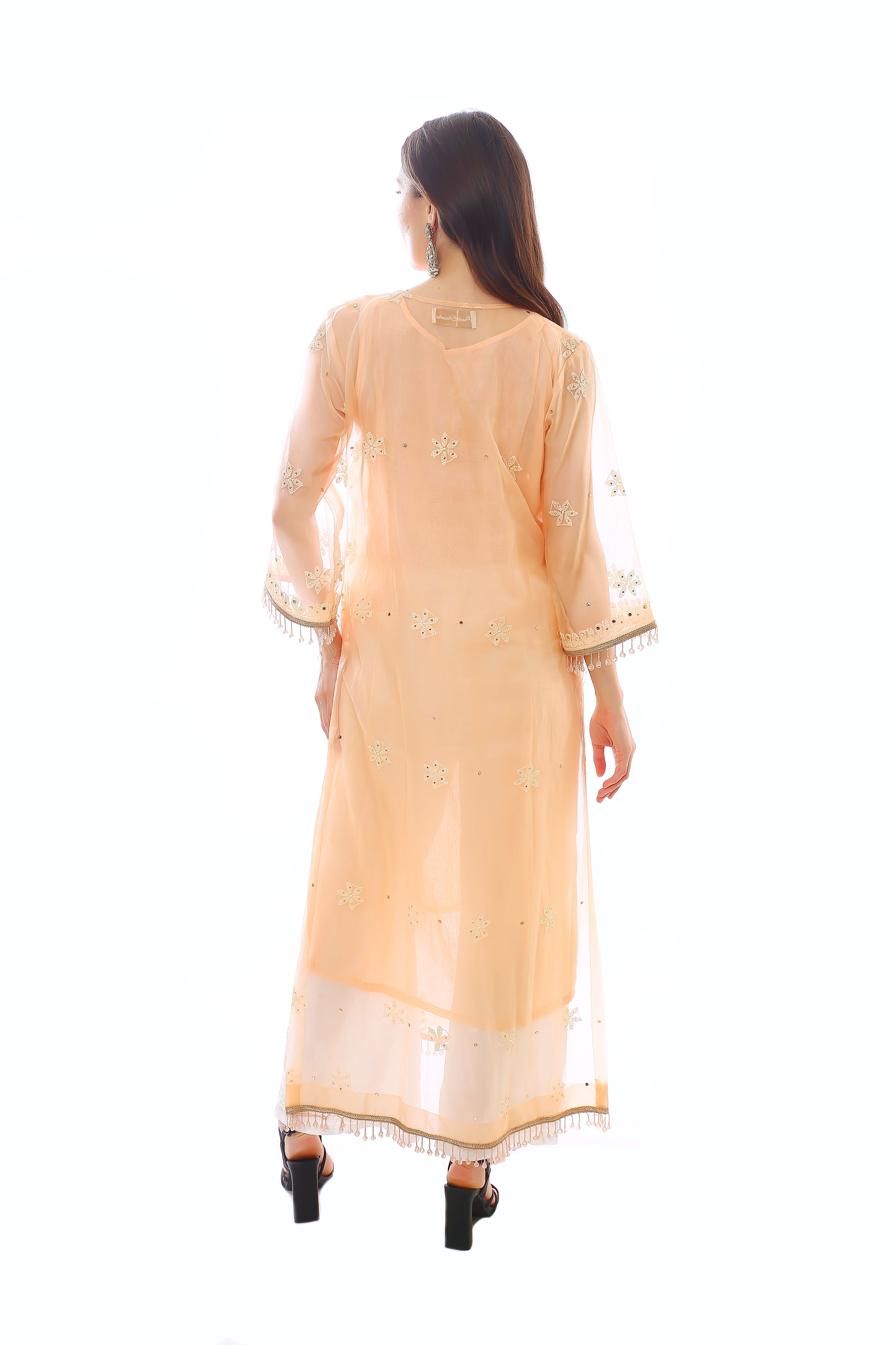 Peach Organza Mahtab Kurta Pant Dupatta with Mukaish