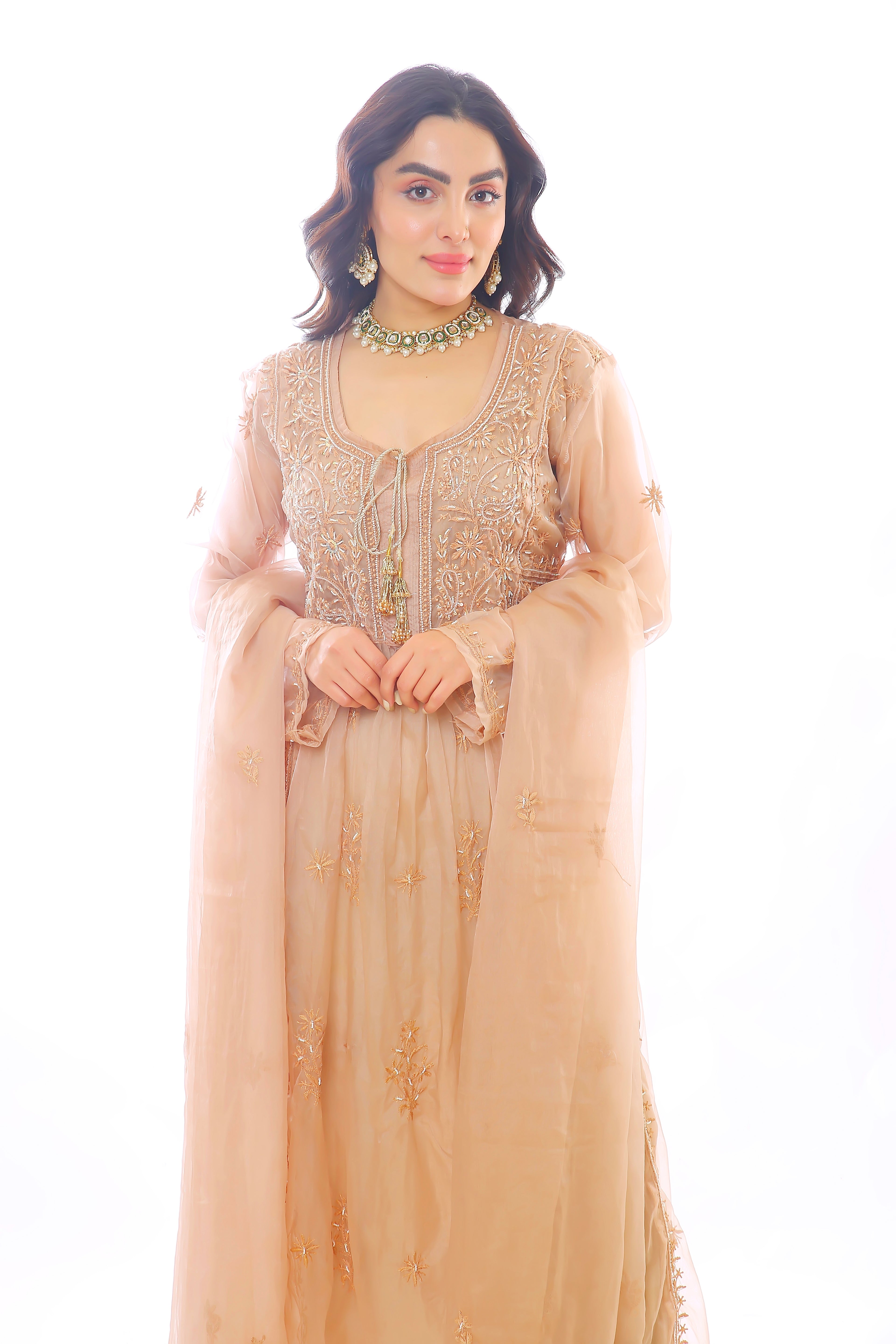 Brown Organza Husna Kurta Pant Dupatta with Moti Cutdana
