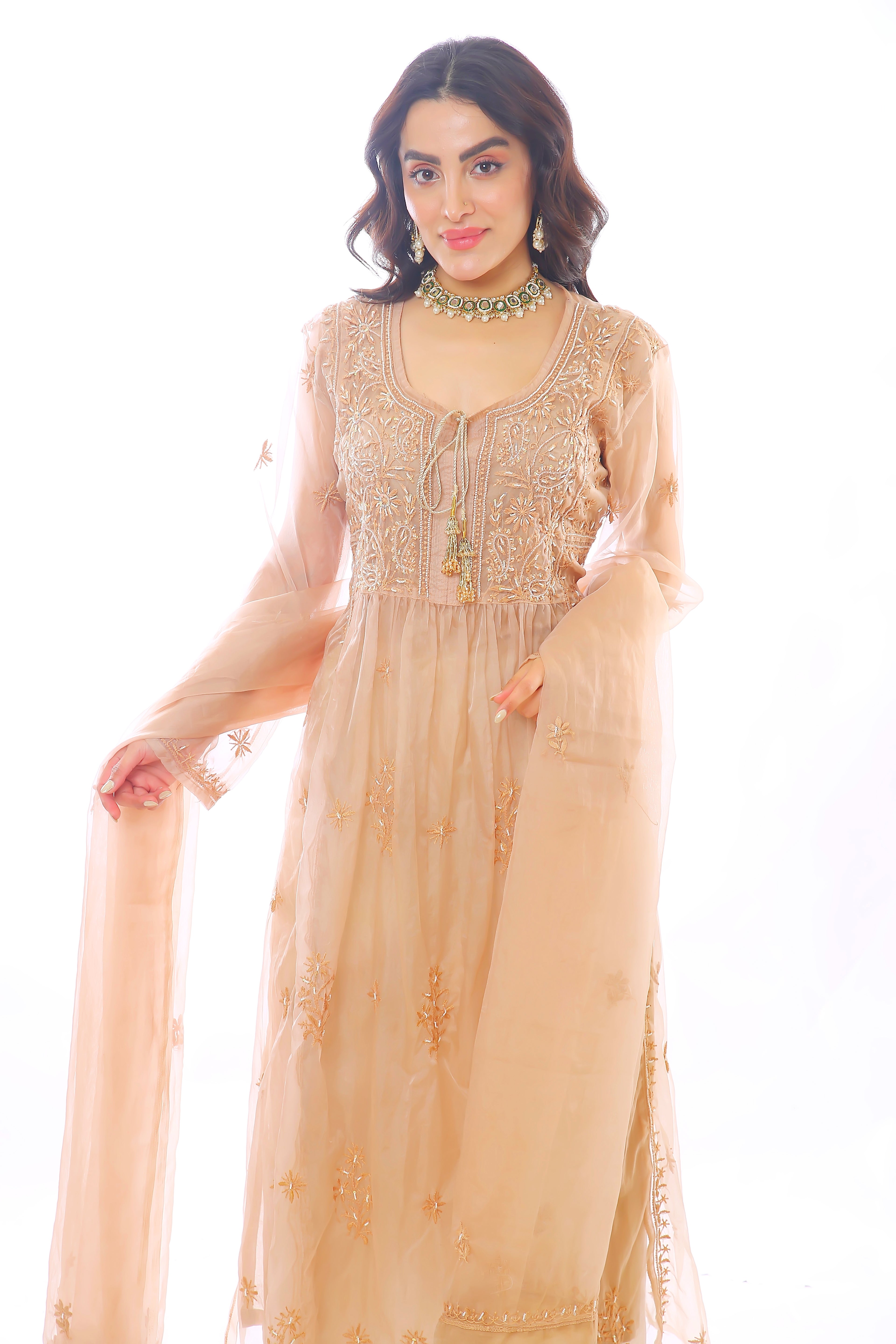 Brown Organza Husna Kurta Pant Dupatta with Moti Cutdana