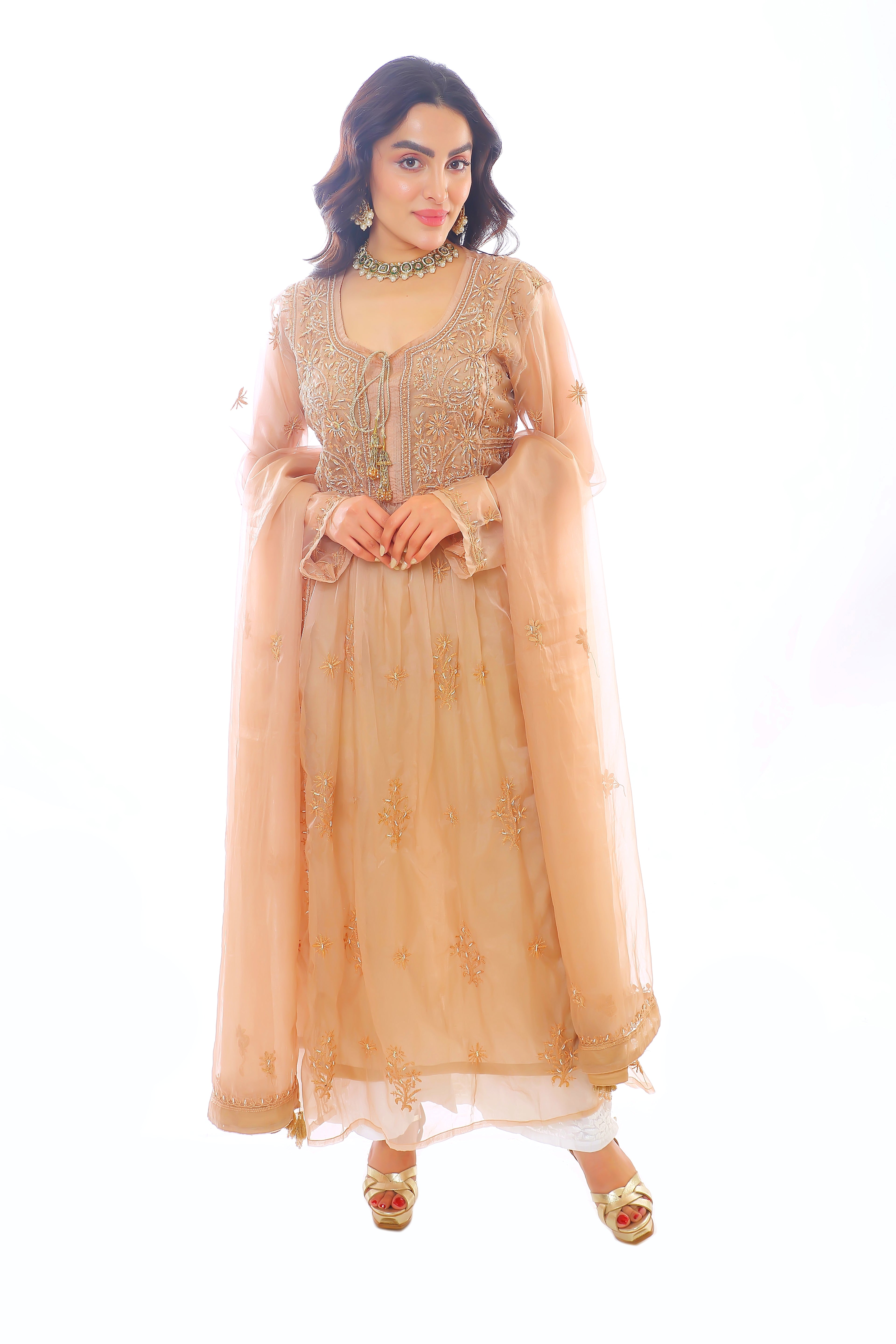 Brown Organza Husna Kurta Pant Dupatta with Moti Cutdana