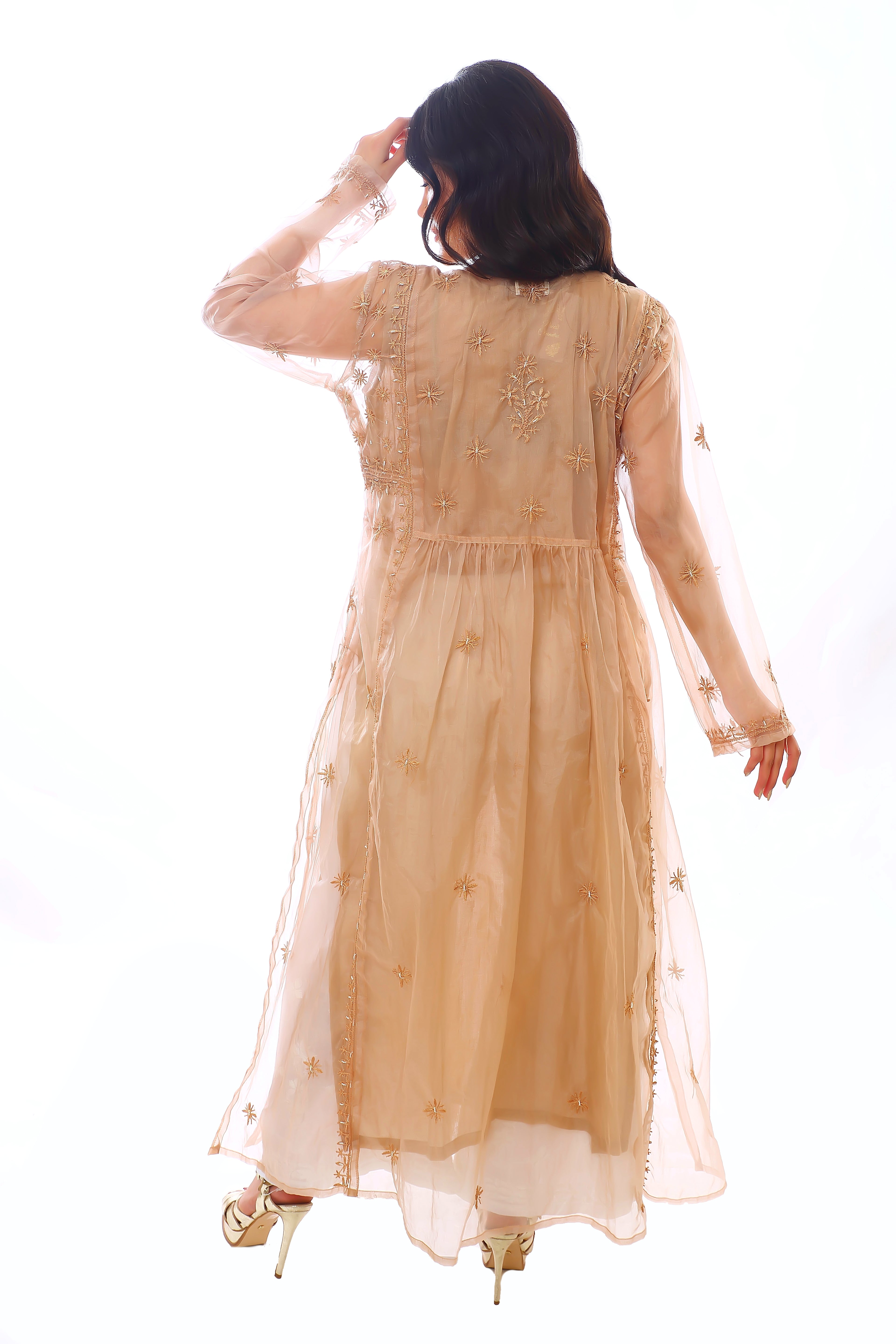 Brown Organza Husna Kurta Pant Dupatta with Moti Cutdana
