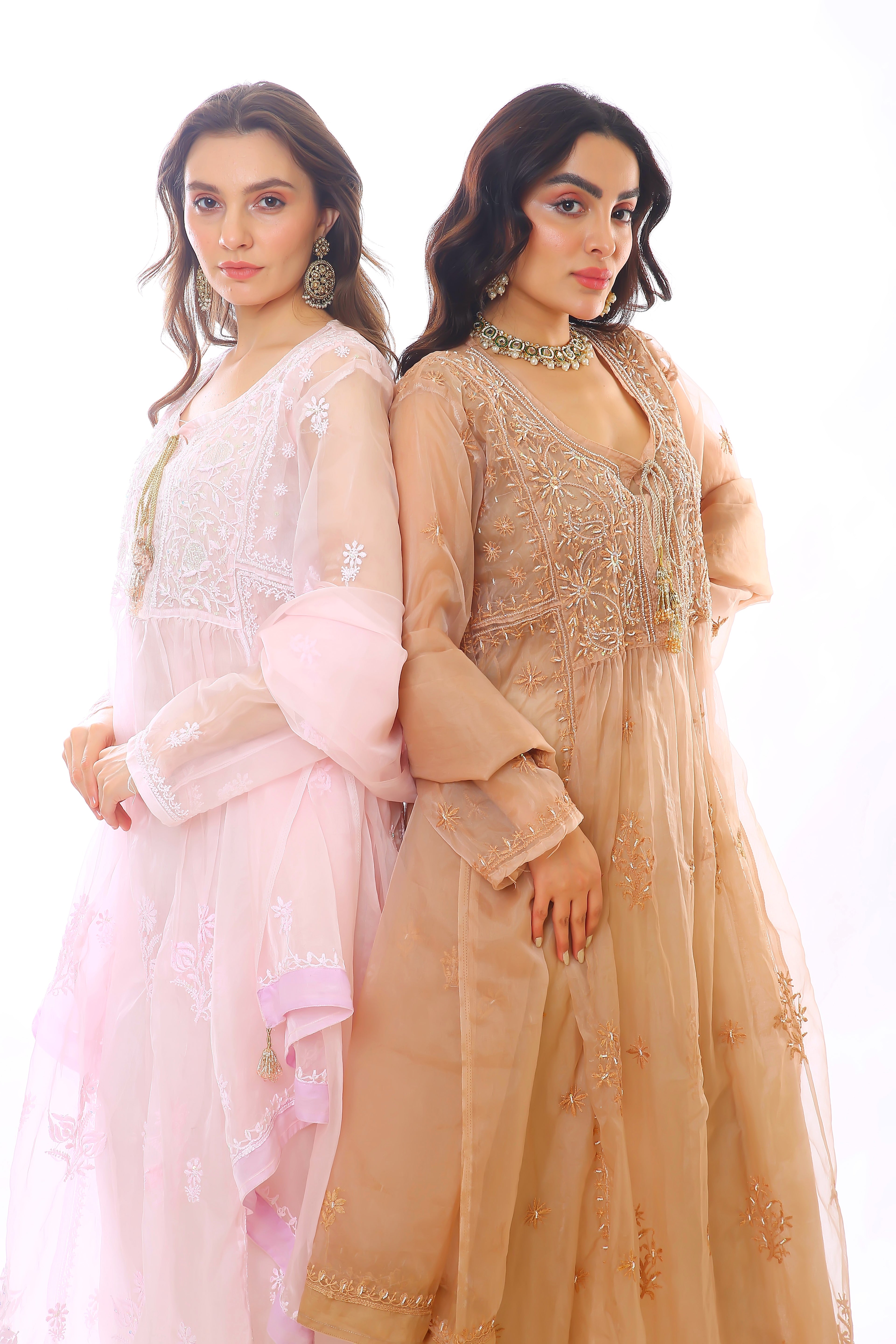 Brown Organza Husna Kurta Pant Dupatta with Moti Cutdana