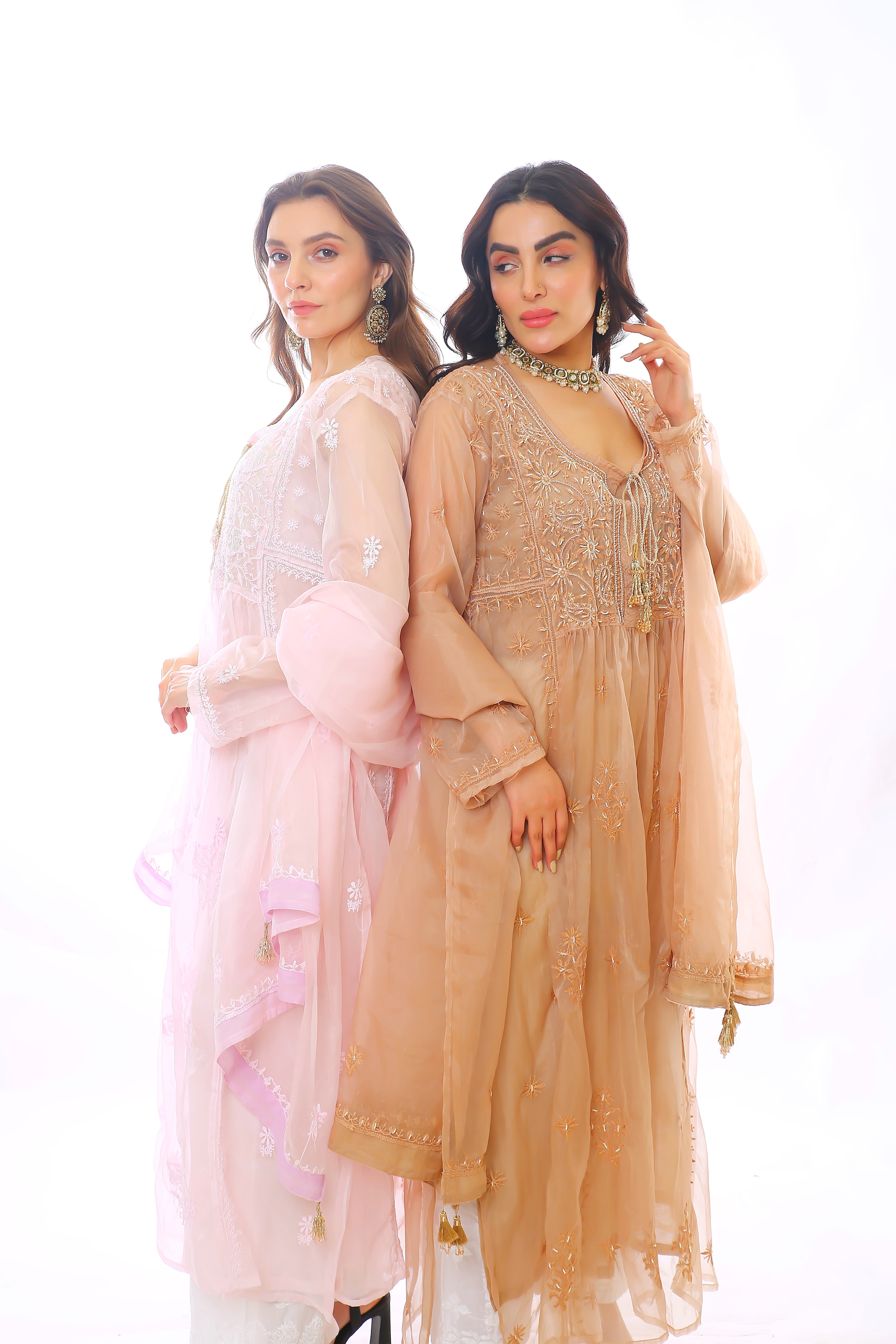 Brown Organza Husna Kurta Pant Dupatta with Moti Cutdana