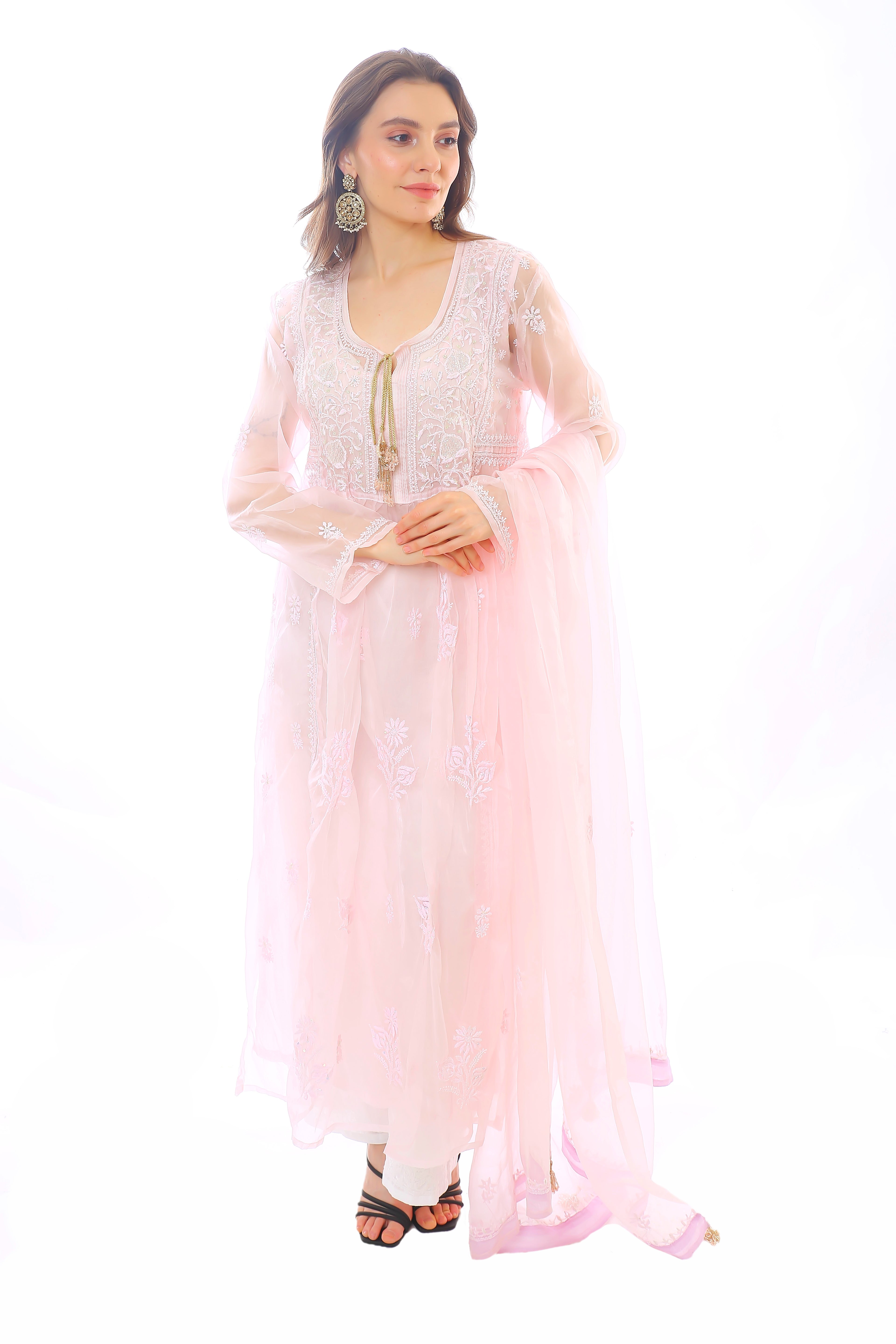 Ice Pink Organza Husna Kurta Pant Dupatta with Moti Cutdana : ice pink