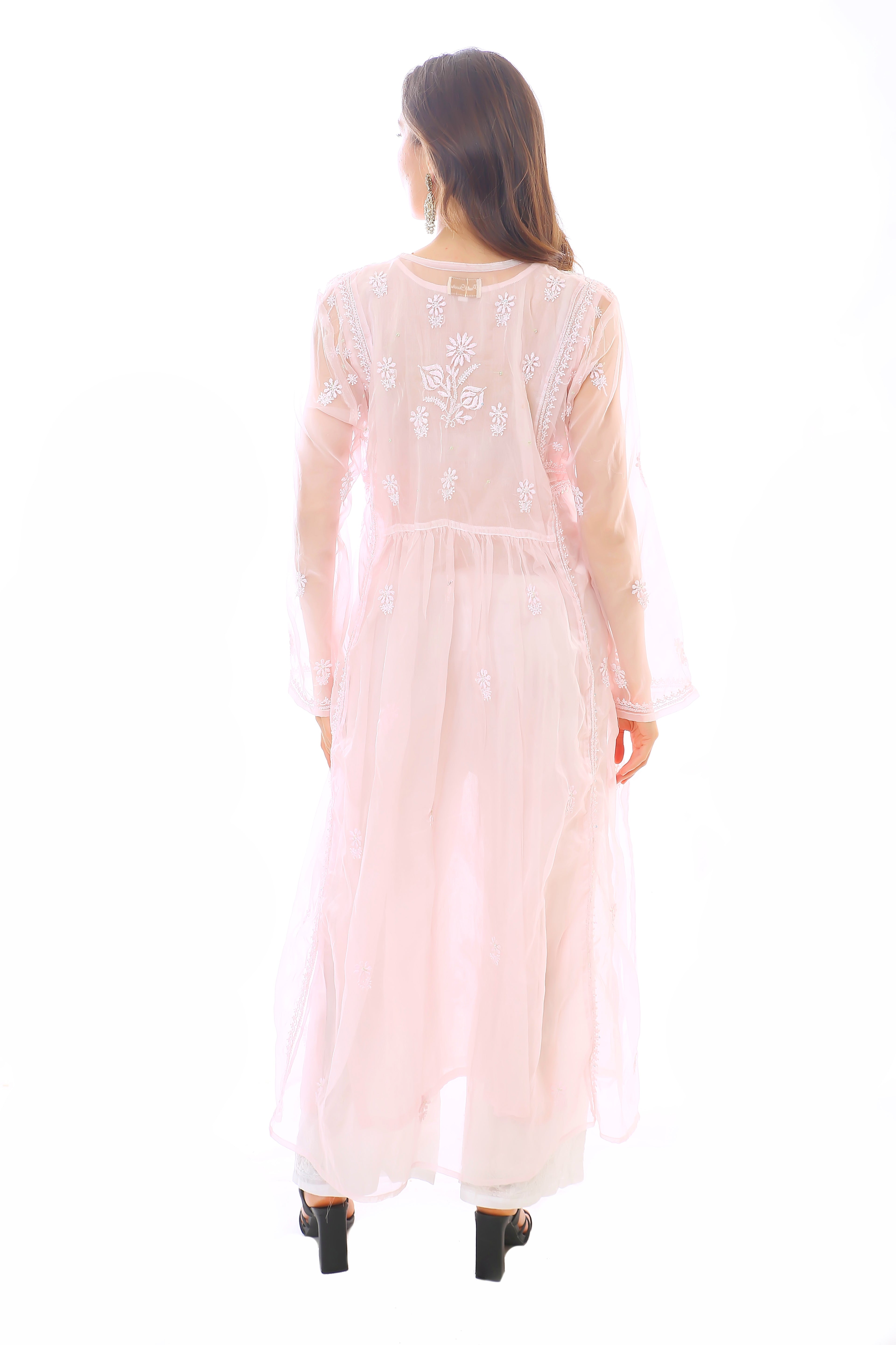 Ice Pink Organza Husna Kurta Pant Dupatta with Moti Cutdana : ice pink
