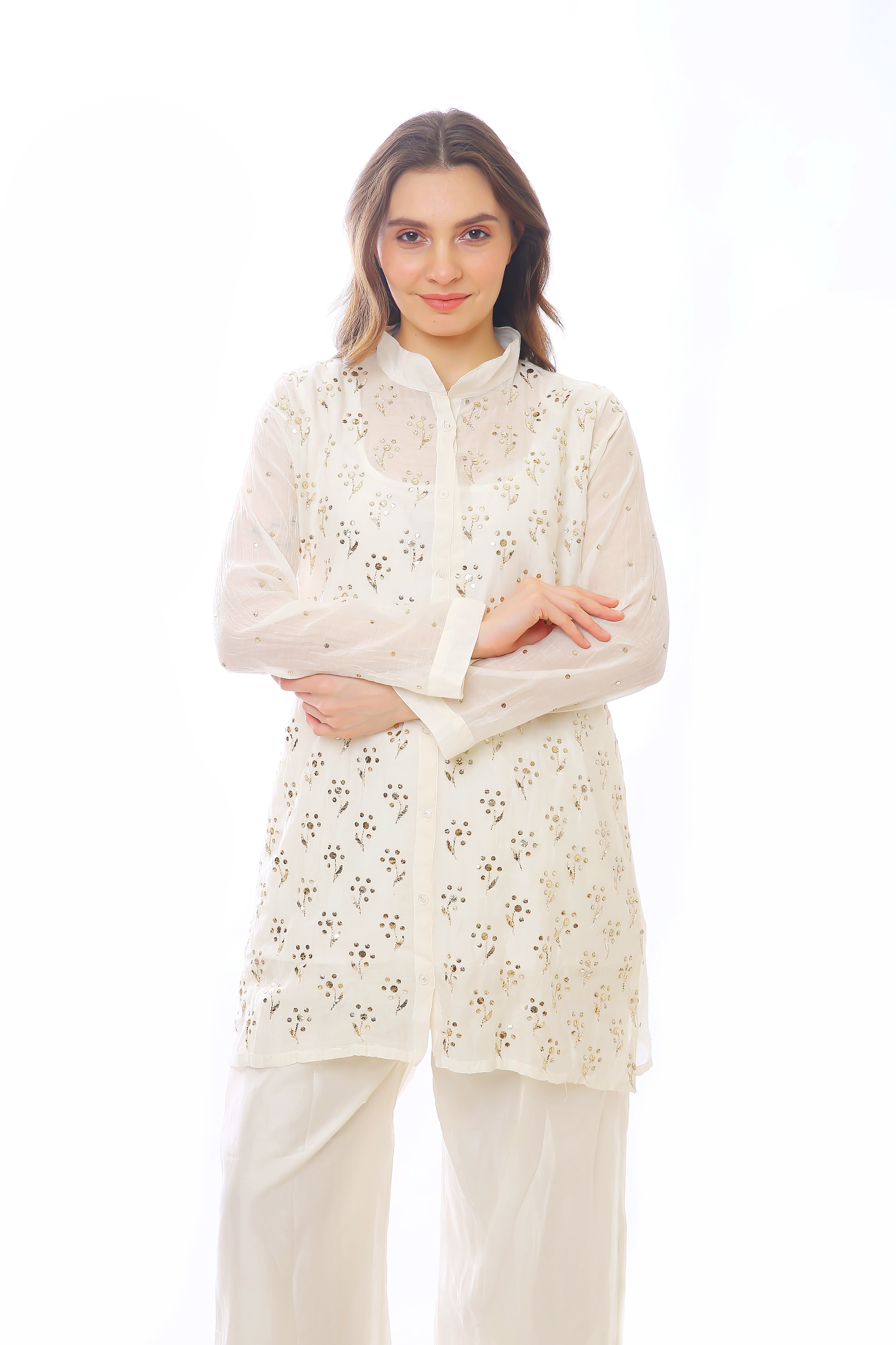 White Chanderi Devi Co-ord Set with Golden Pitta
