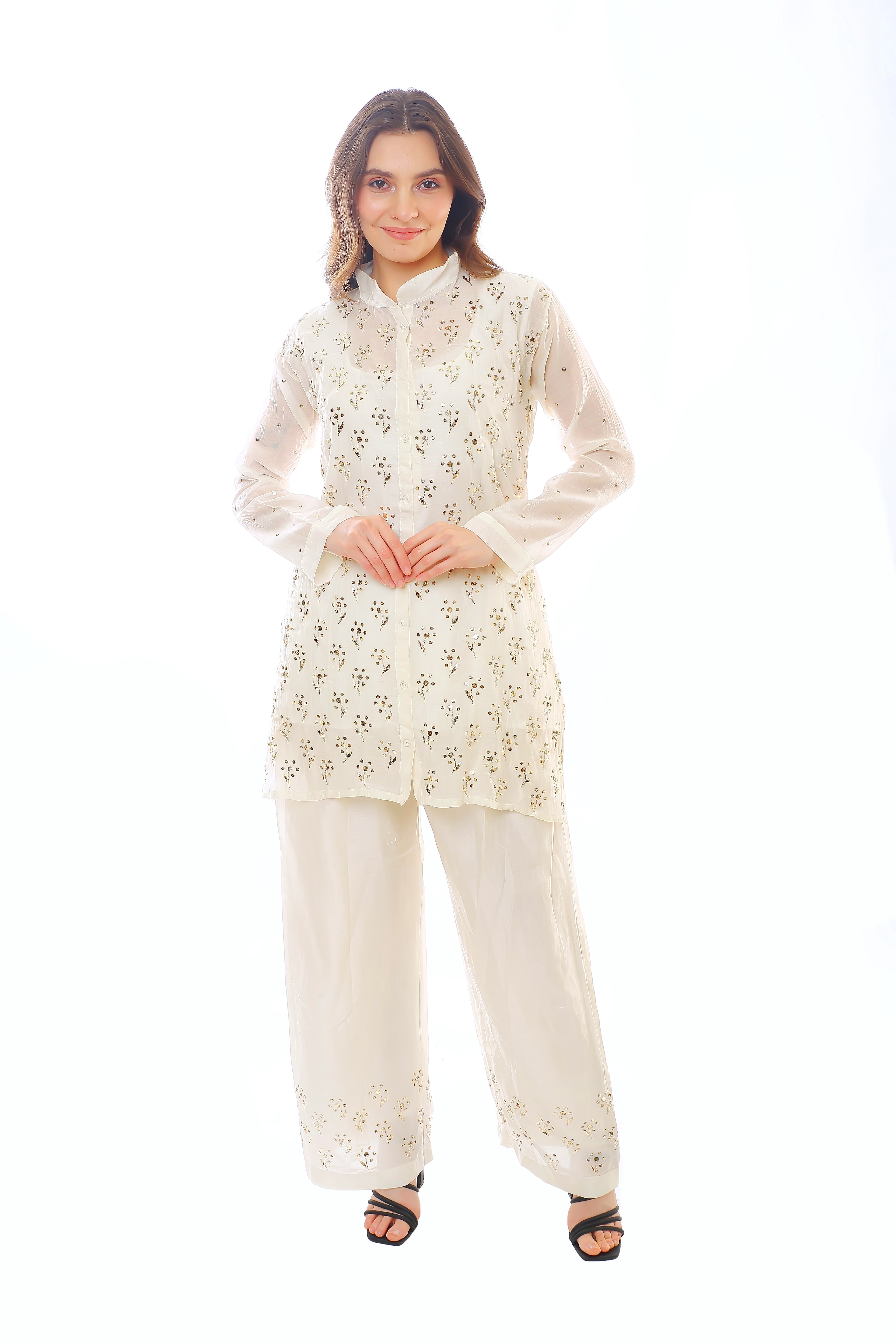 White Chanderi Devi Co-ord Set with Golden Pitta
