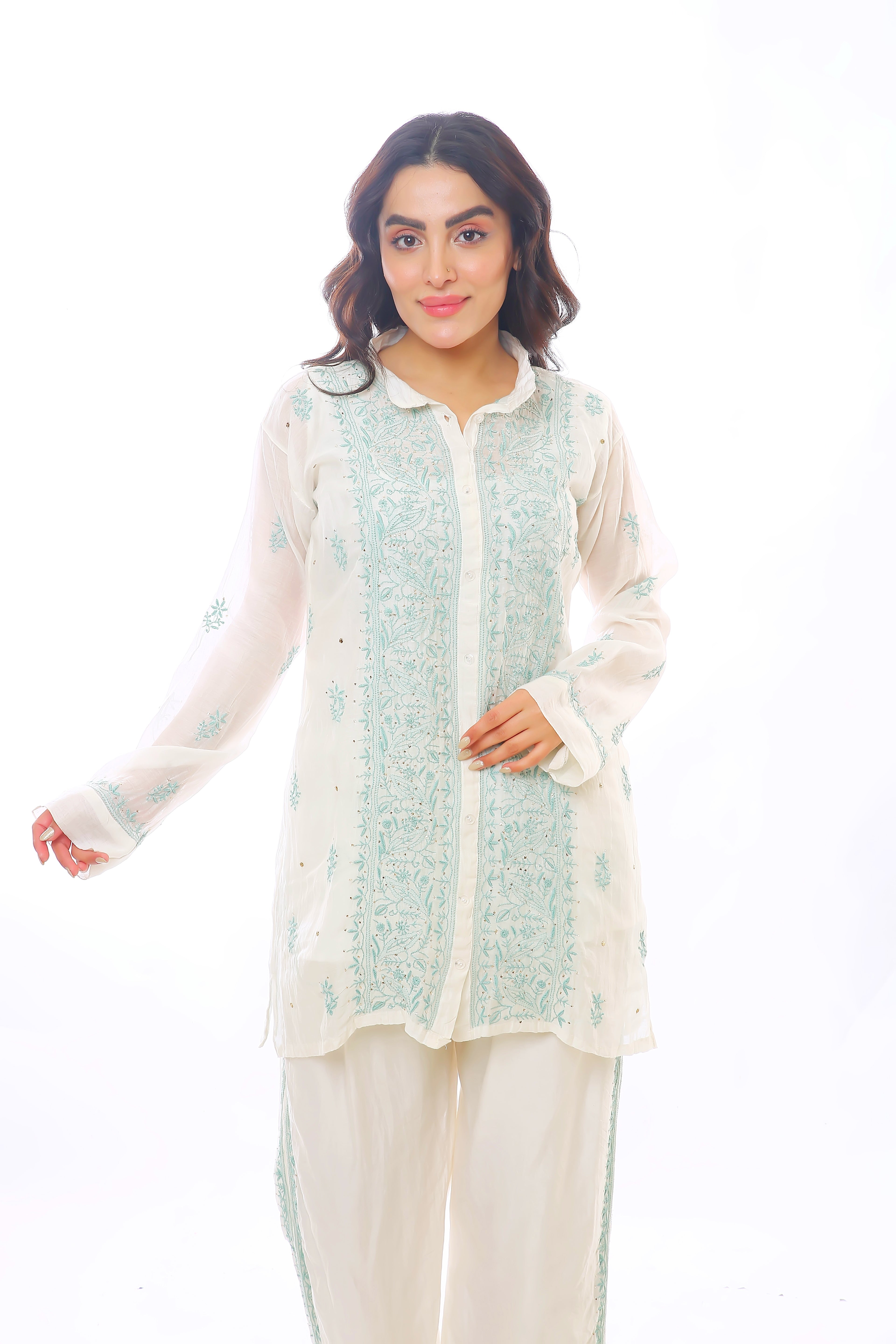 Ivory Teal Mul Chanderi Jahaan Co-ord Set with Mukaish