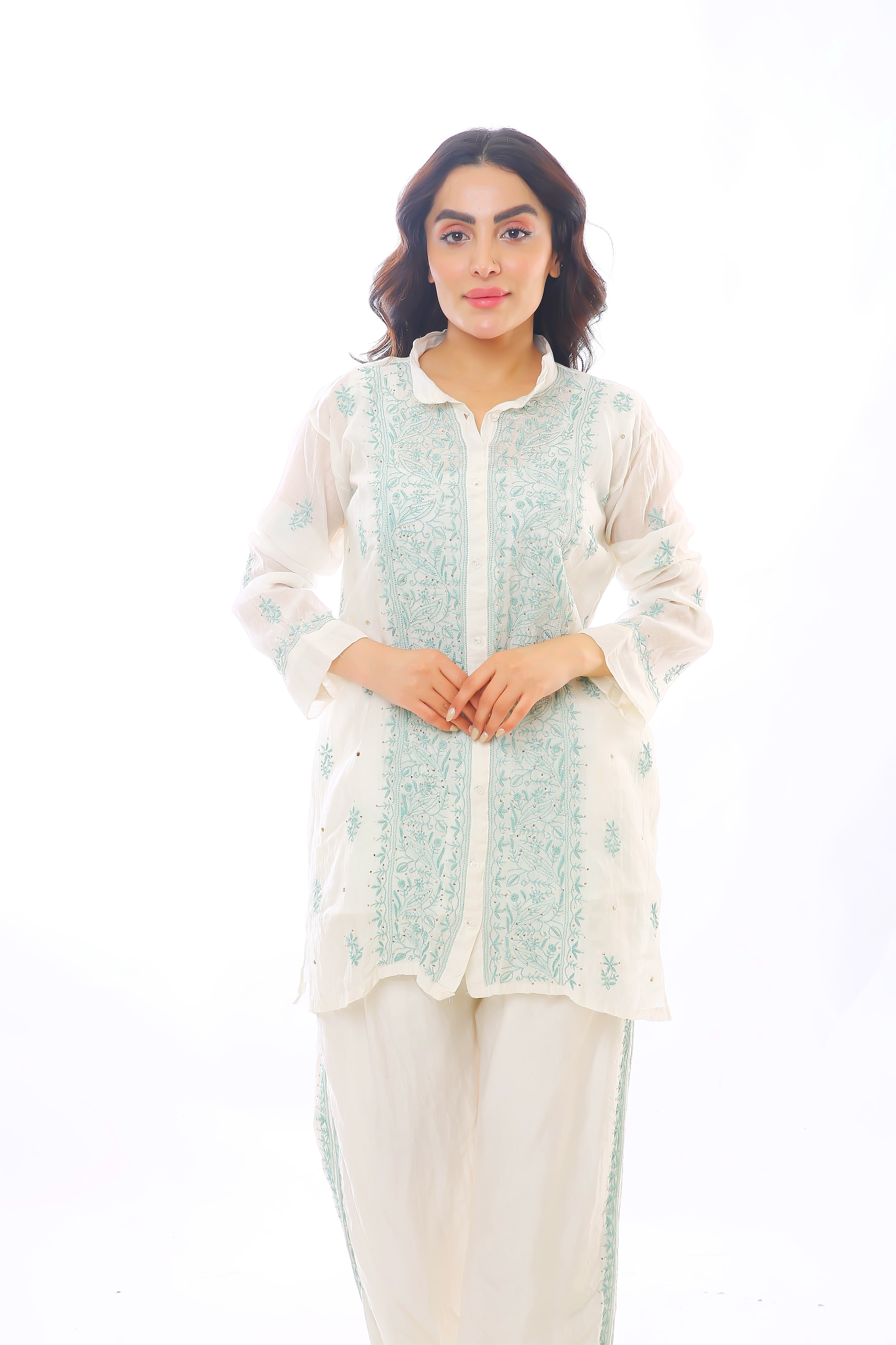 Ivory Teal Mul Chanderi Jahaan Co-ord Set with Mukaish