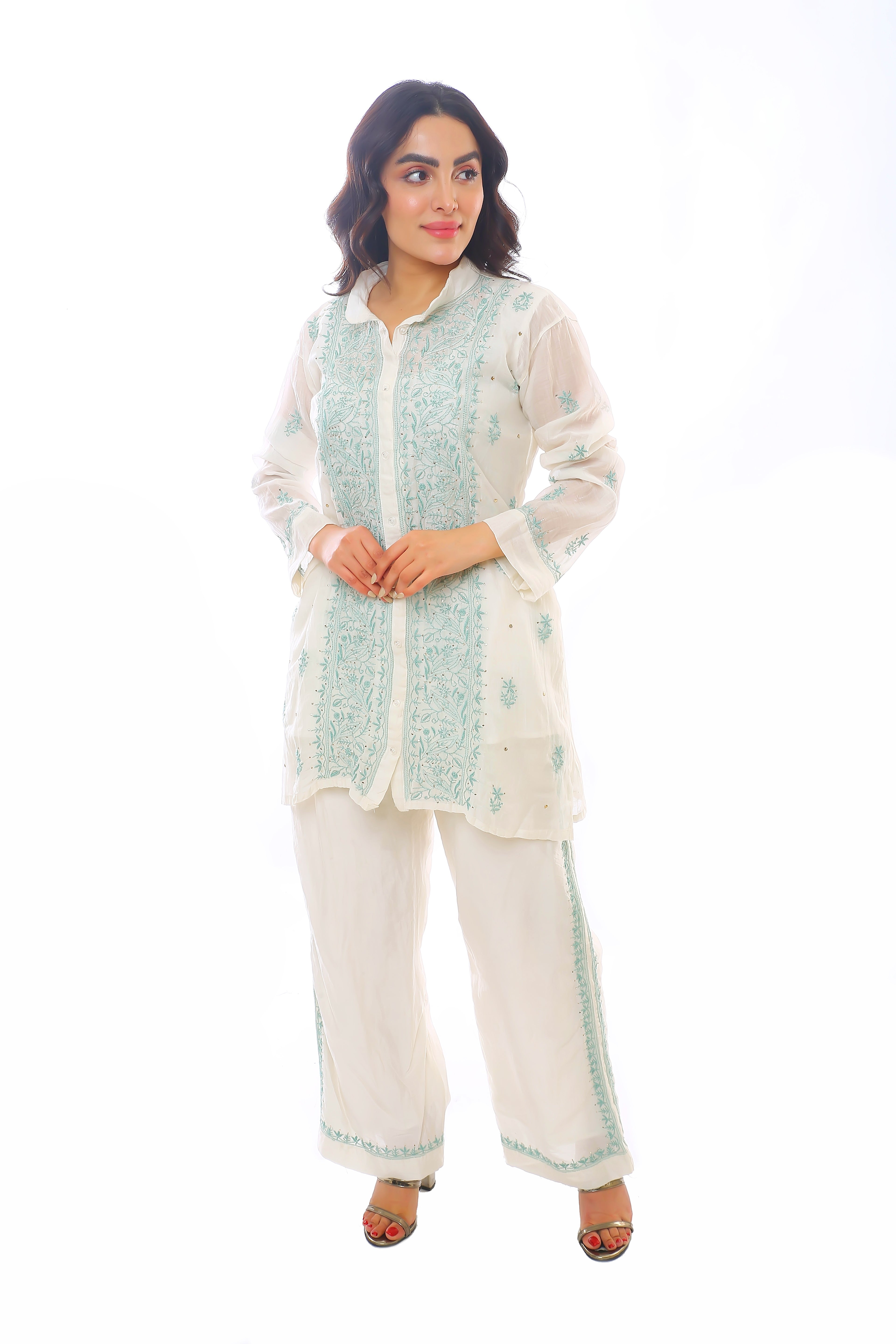 Ivory Teal Mul Chanderi Jahaan Co-ord Set with Mukaish