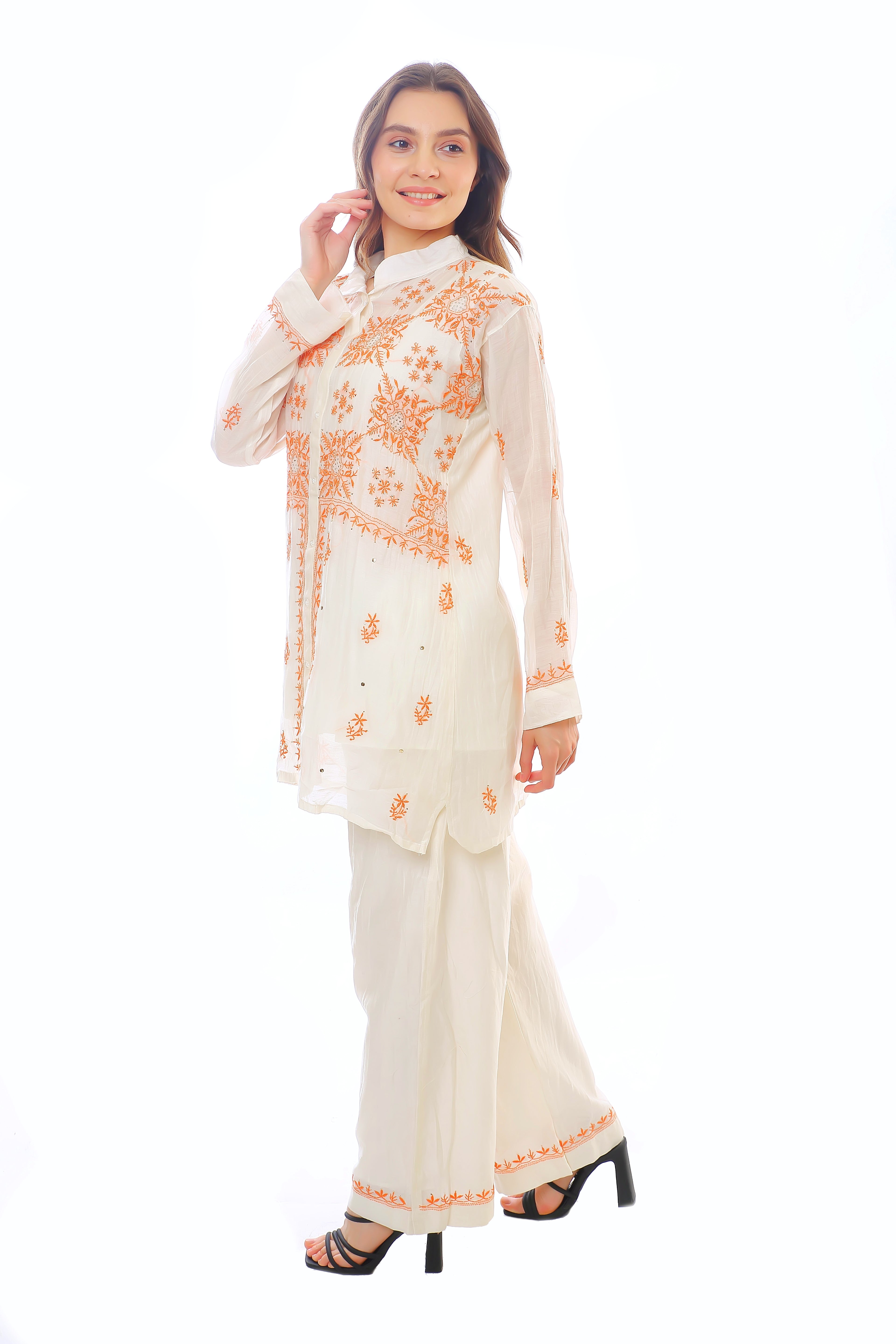 Ivory Teal Mul Chanderi Jahaan Co-ord Set with Mukaish