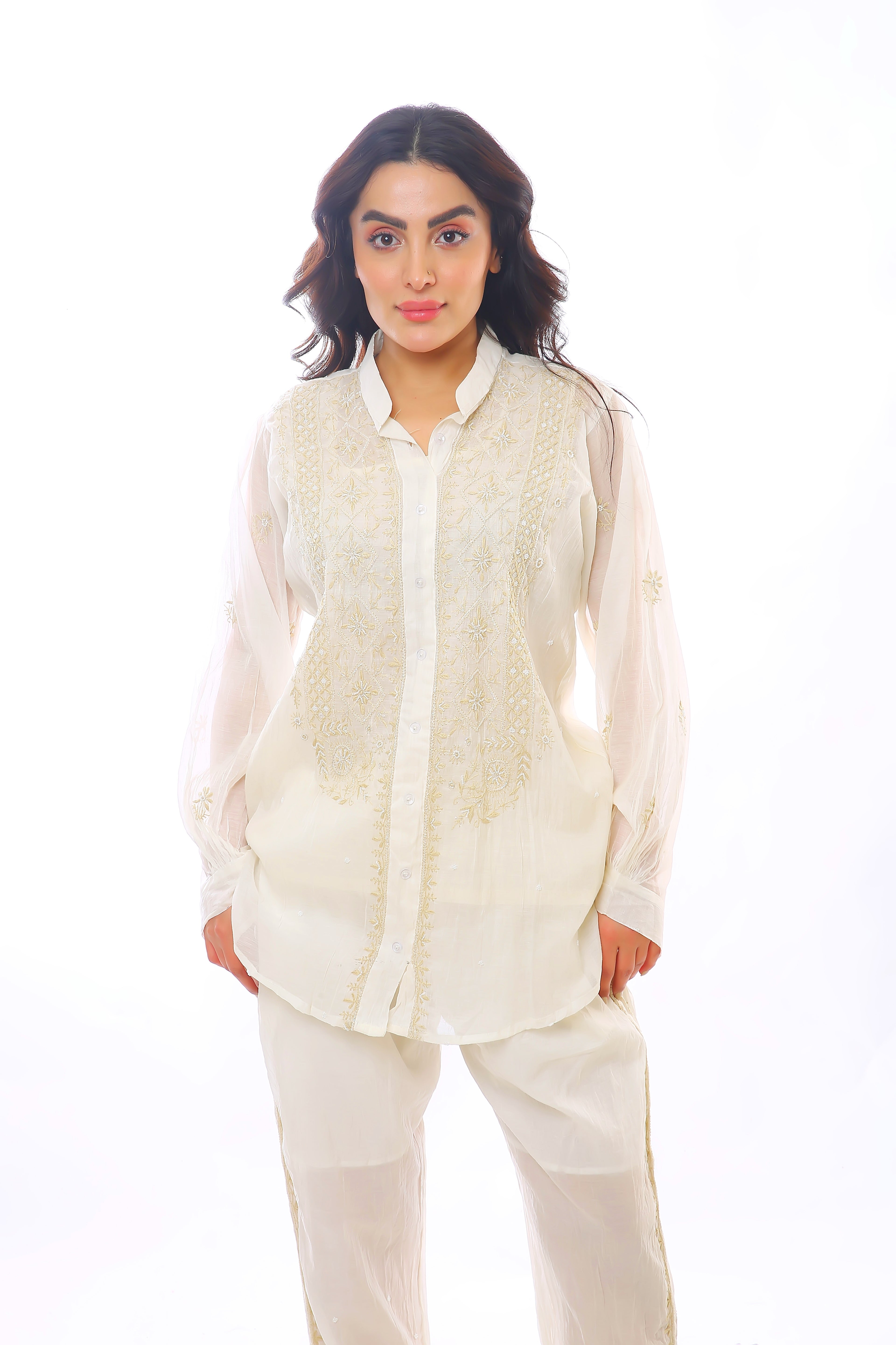 Ivory Beige Mul Chanderi Jahaan Co-ord Set with Moti Cutdana