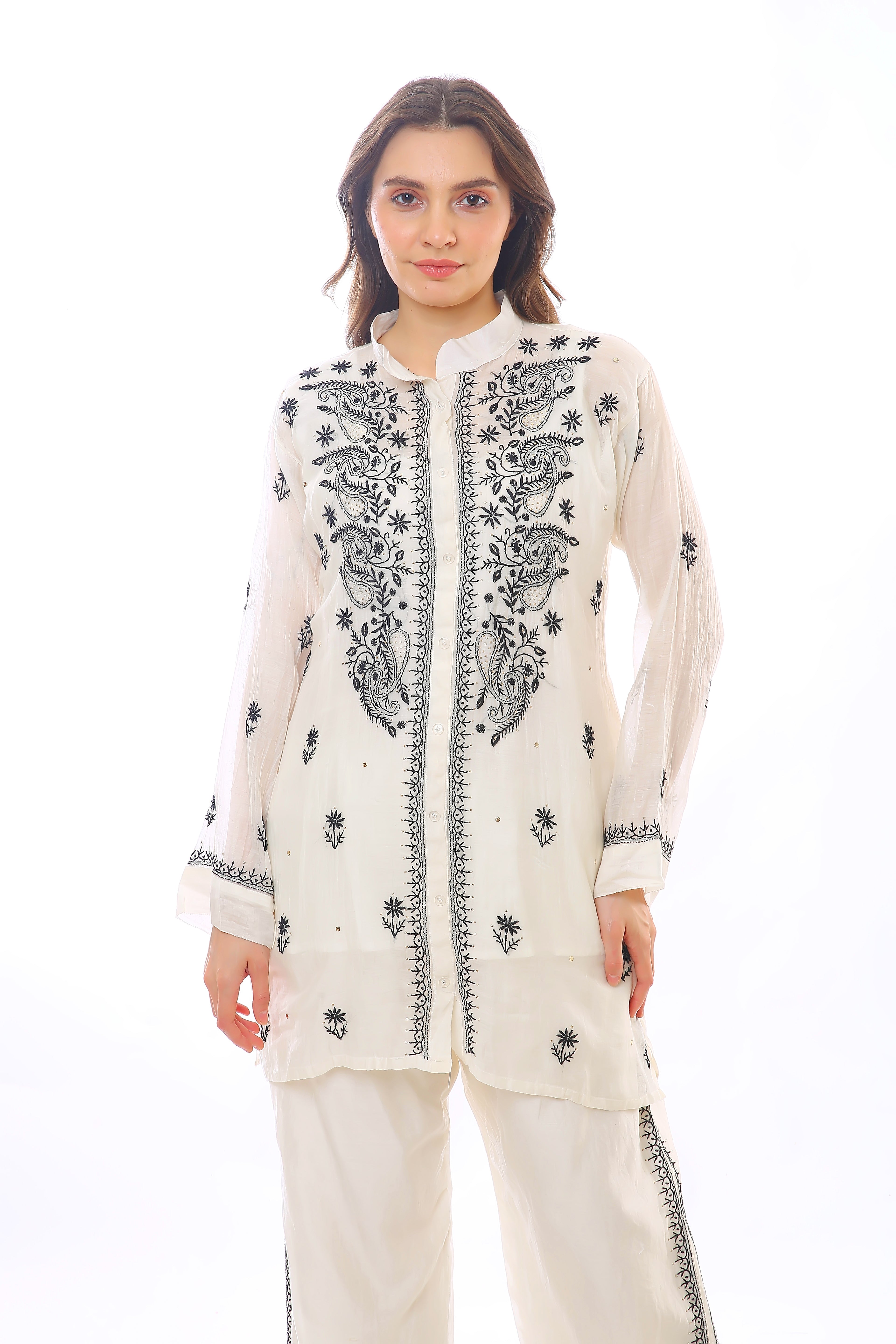 White & Black Mul Chanderi Jahaan Co-ord Set with Mukaish