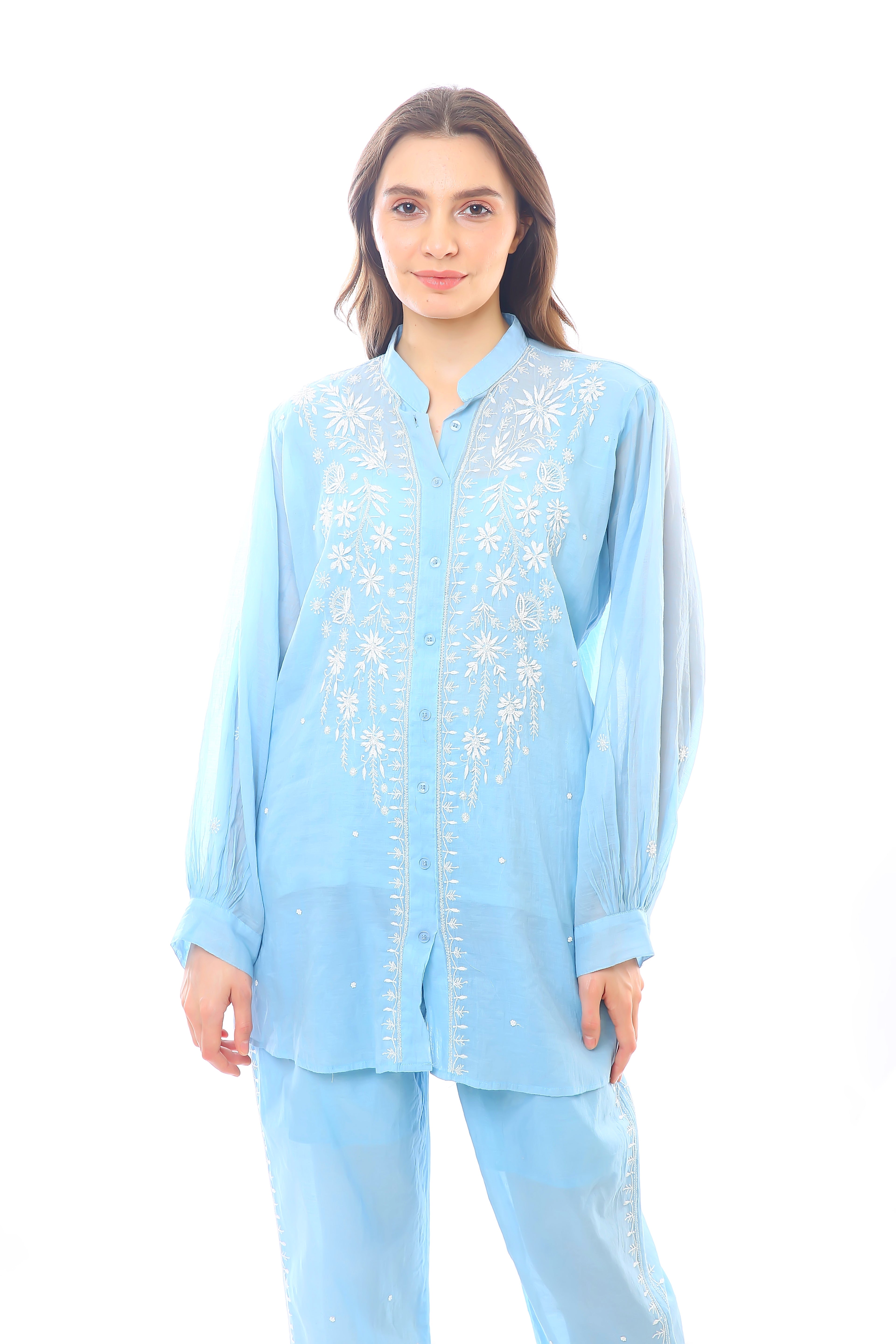 Sky Blue Mul Chanderi Mehak Co-ord Set with Moti Cutdana
